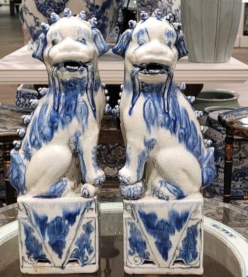Porcelain Blue and White Foo Dogs Pair-15