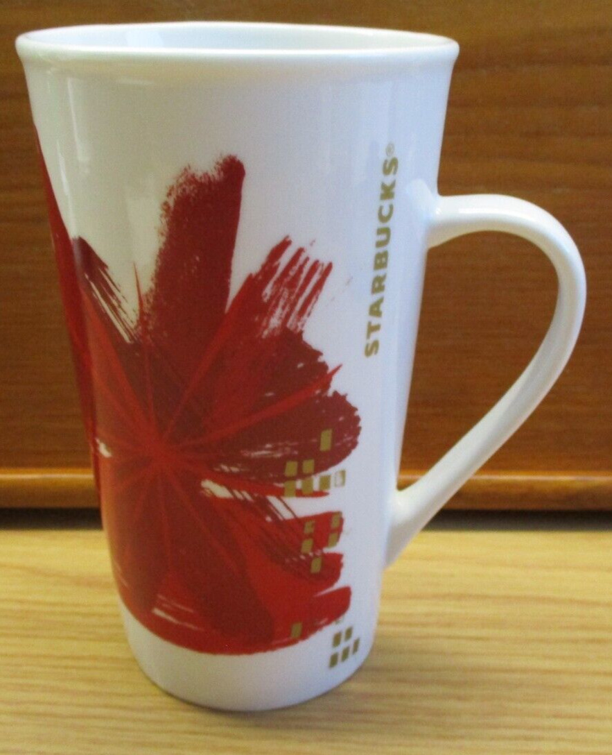 Starbucks Coffee Mug 2014 Holiday Red Starburst Flower Paint Gold Tall 16oz Xmas