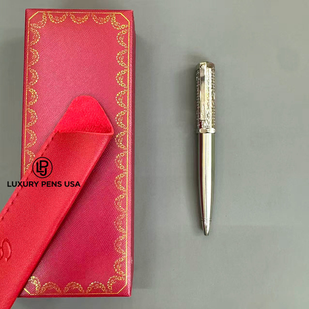 CARTIER Santos Engraved All Metal Silver Tone Ballpoint Pen HOT Rare VIP