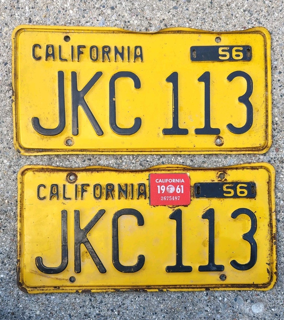 Vintage Matching Pair Of 1956 California License Plates JKC 113 Man Cave Decor Vintage Matching Pair Of 1956 California License Plates JKC 113 Man Cave Decor
