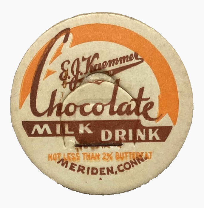 2    E.  J.  KAEMMER  CHOCOLATE  MILK  MERIDEN CONNECTICUT  CT  MILK BOTTLE CAPS
