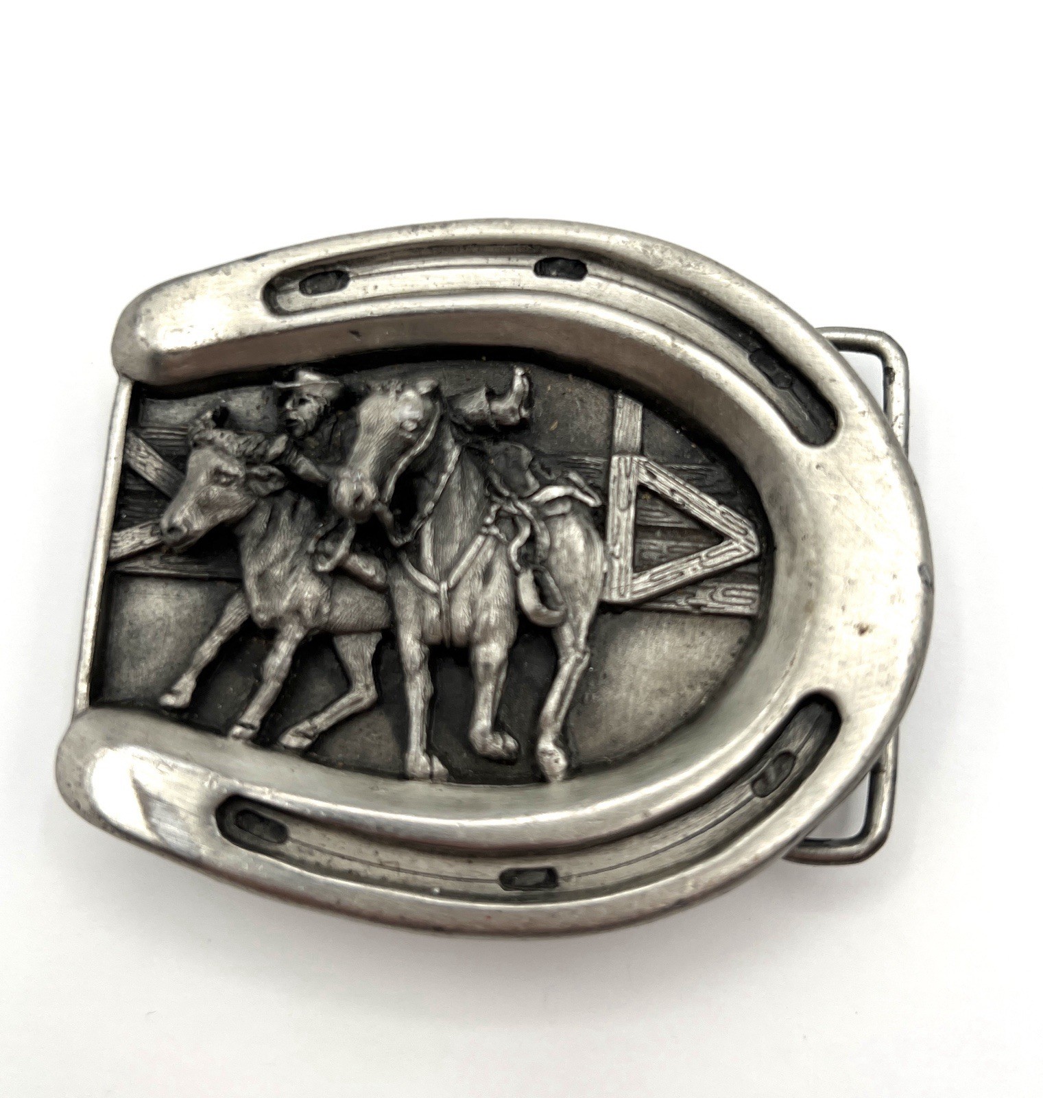 1984 Bergamot Brass Works Western Americana Cowboy & Horse Horseshoe Belt Buckle