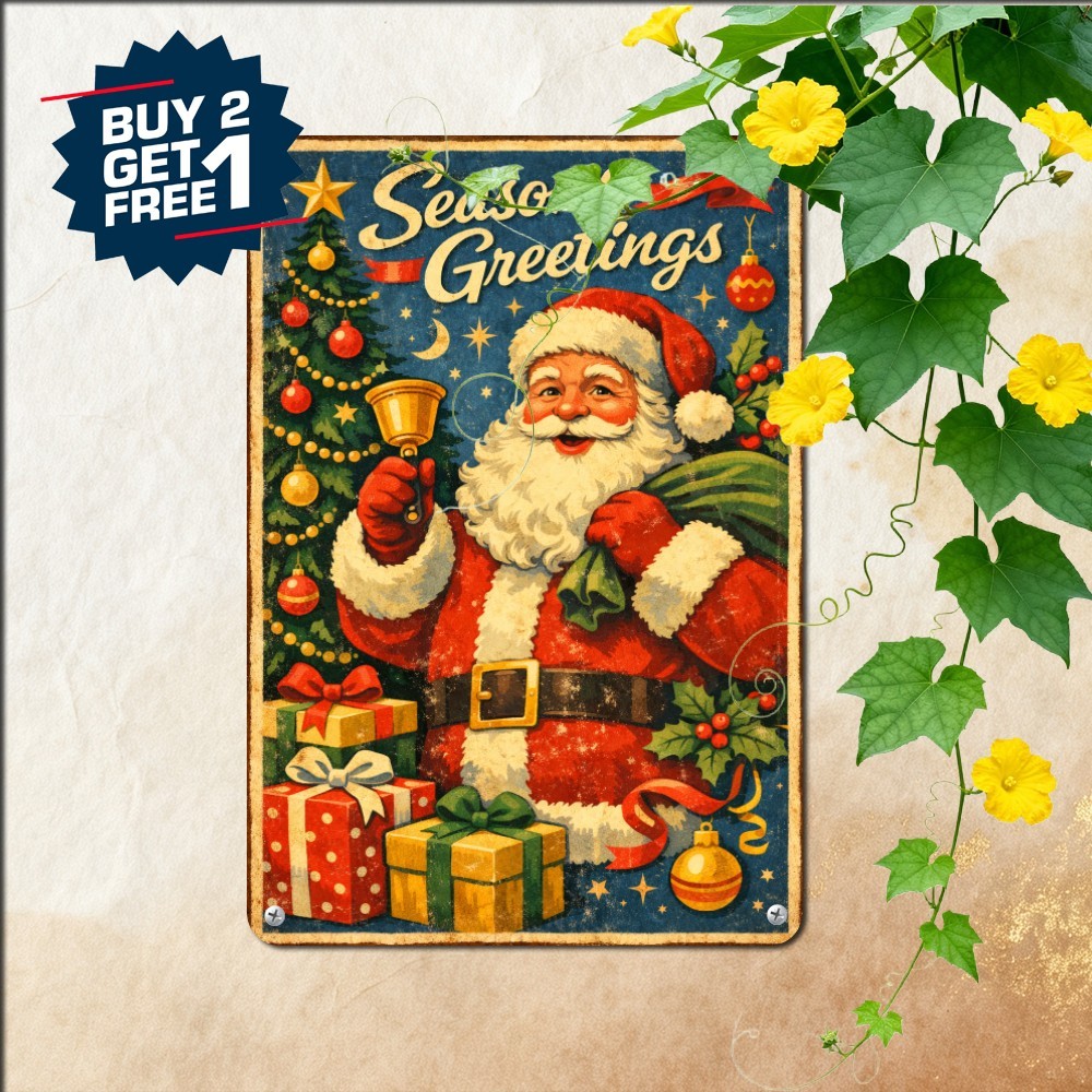 Retro Santa Claus Holiday Sign Festive Winter Christmas Decor Plaque 8x12 In