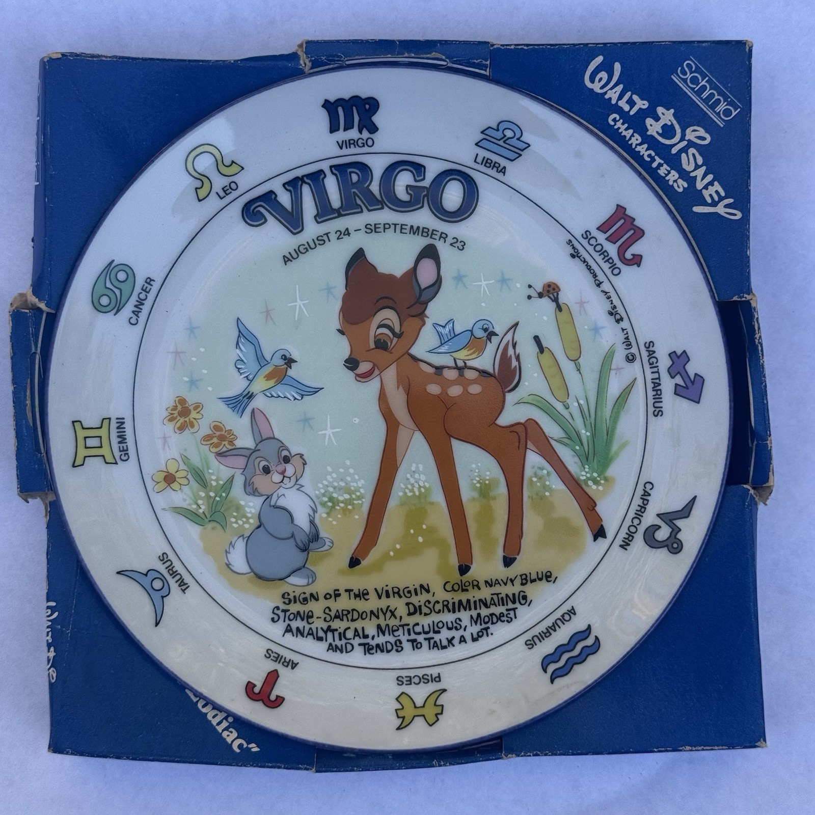 Vintage Walt Disney Schmid Virgo Zodiac Plate Bambi Thumper Original Box