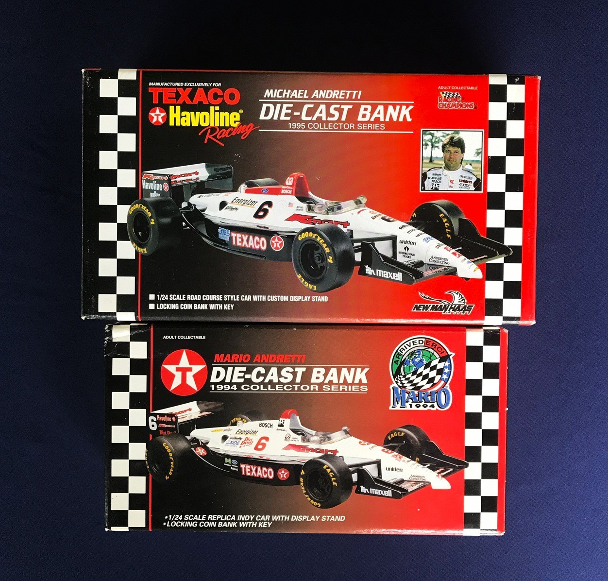 Set of 2 Texaco Mario & Michael Andretti Die Cast Banks   1994  1:24 Unopened