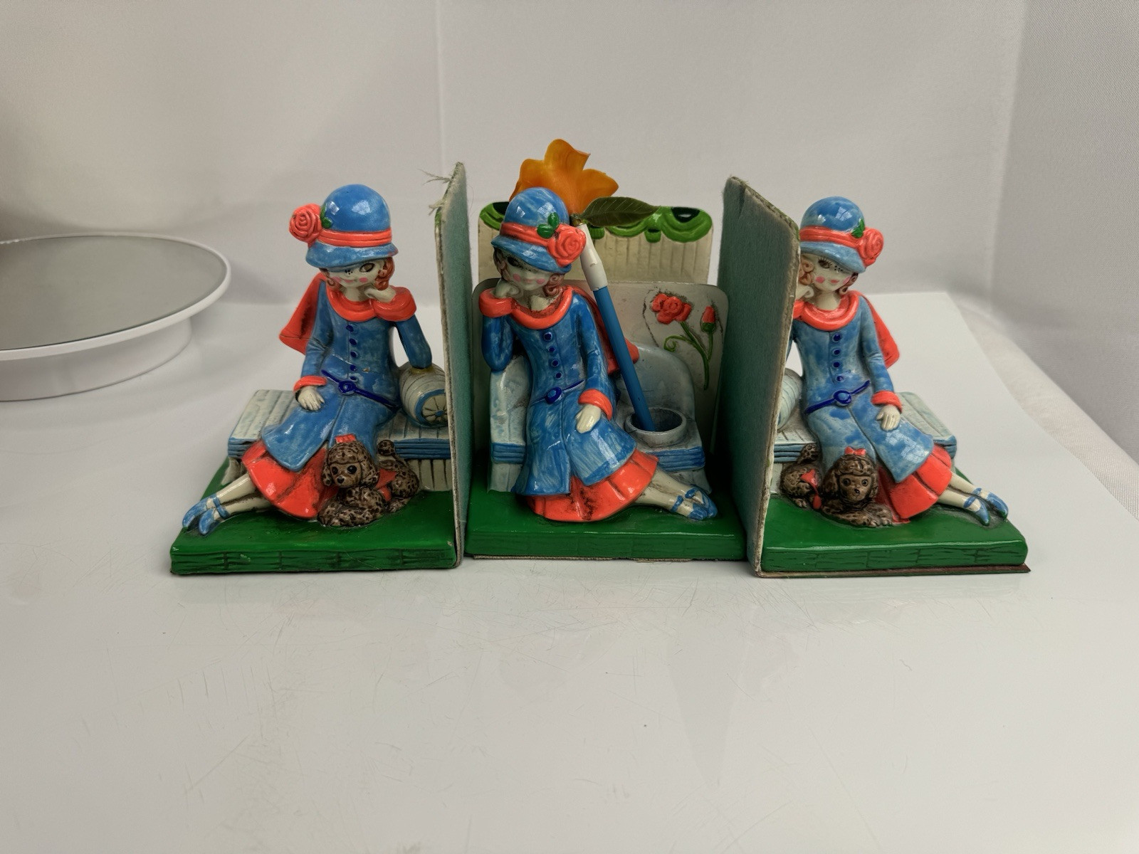 Earl Bernard Bookends Girl Poodle 1960 Kitsch Hand-Painted Chalkware Pen Holder