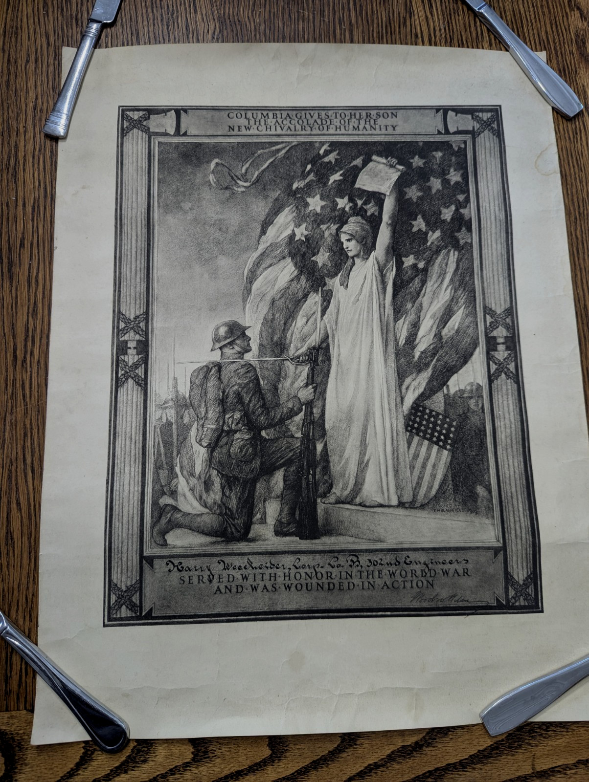 Antique Original World War 1 Wounded In Action Certificate (17 X 22) 1919
