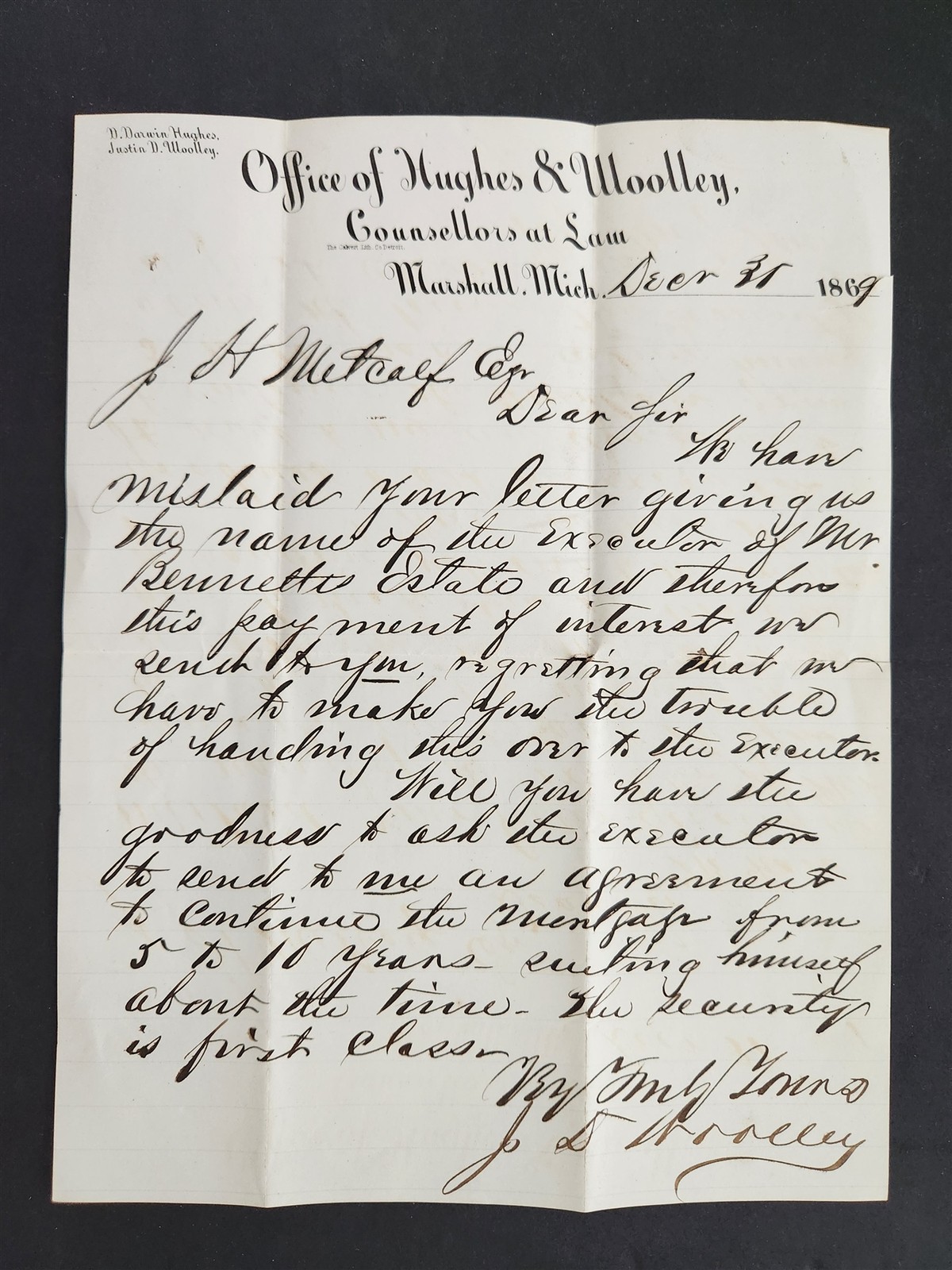 1869 antique HUGHES & WOOLLEY marshall mi LETTER counsellors at law lawyers