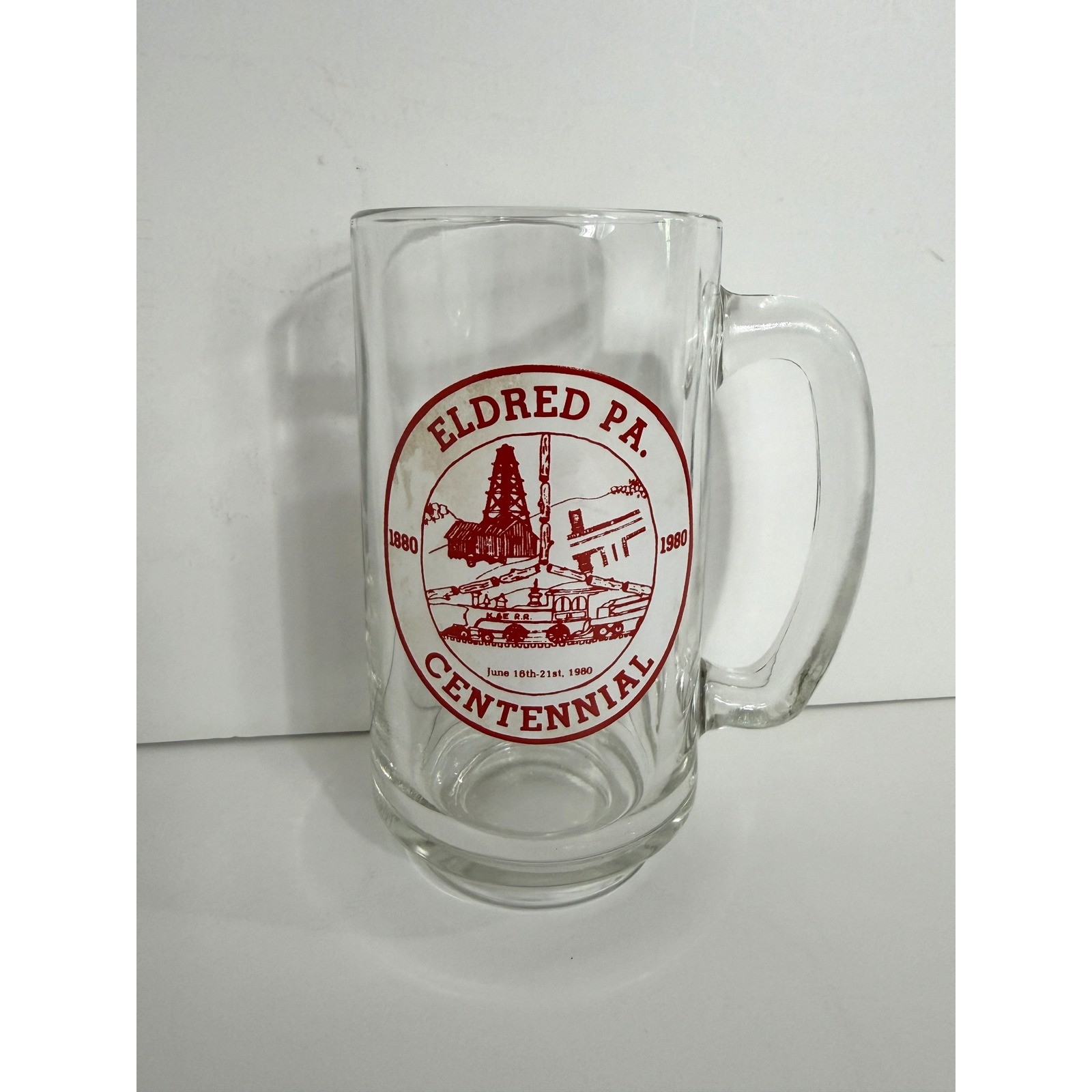 Vintage Eldred PA Centennial 1880-1980 Glass Beer Mug Red Graphic Train Oil Rig