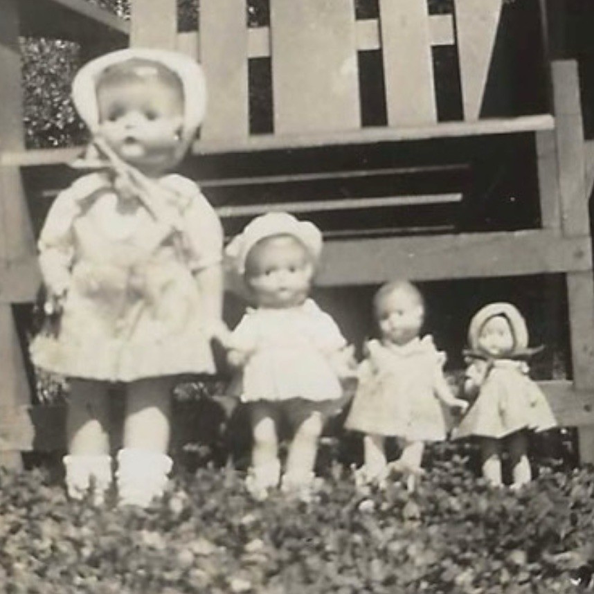 Vintage Snapshot Photo Effanbee Patsy Style Dolls Group Display 1930s