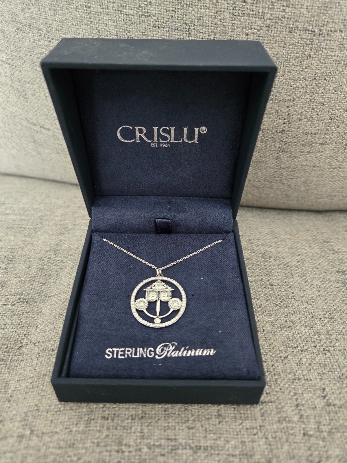 Disney Crislu Sterling Platinum It\'s A Small World Clock Face Necklace - New