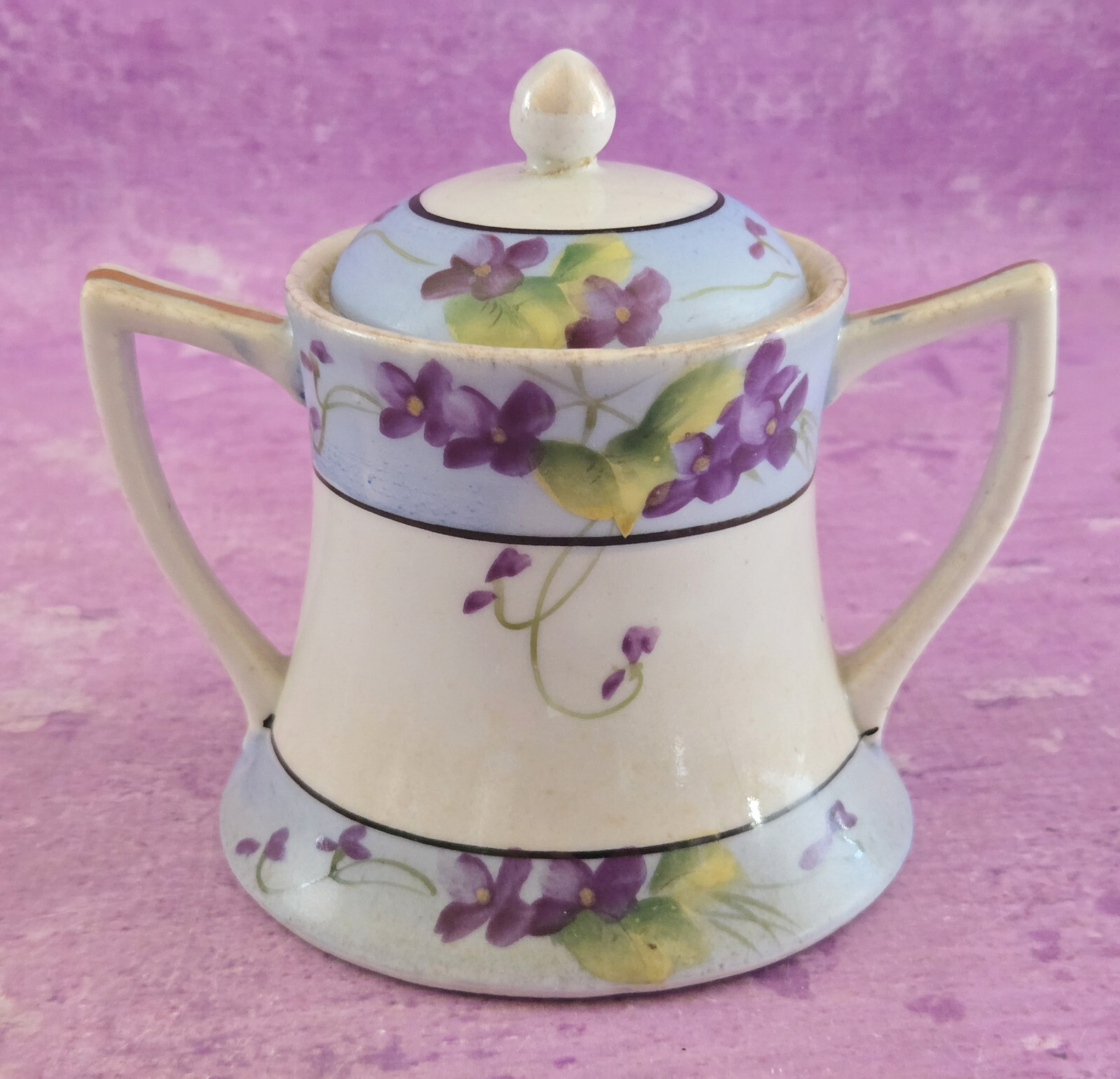 TS Nippon Sugar Bowl Purple Floral Vintage Covered Lidded Blue White Gold Trim