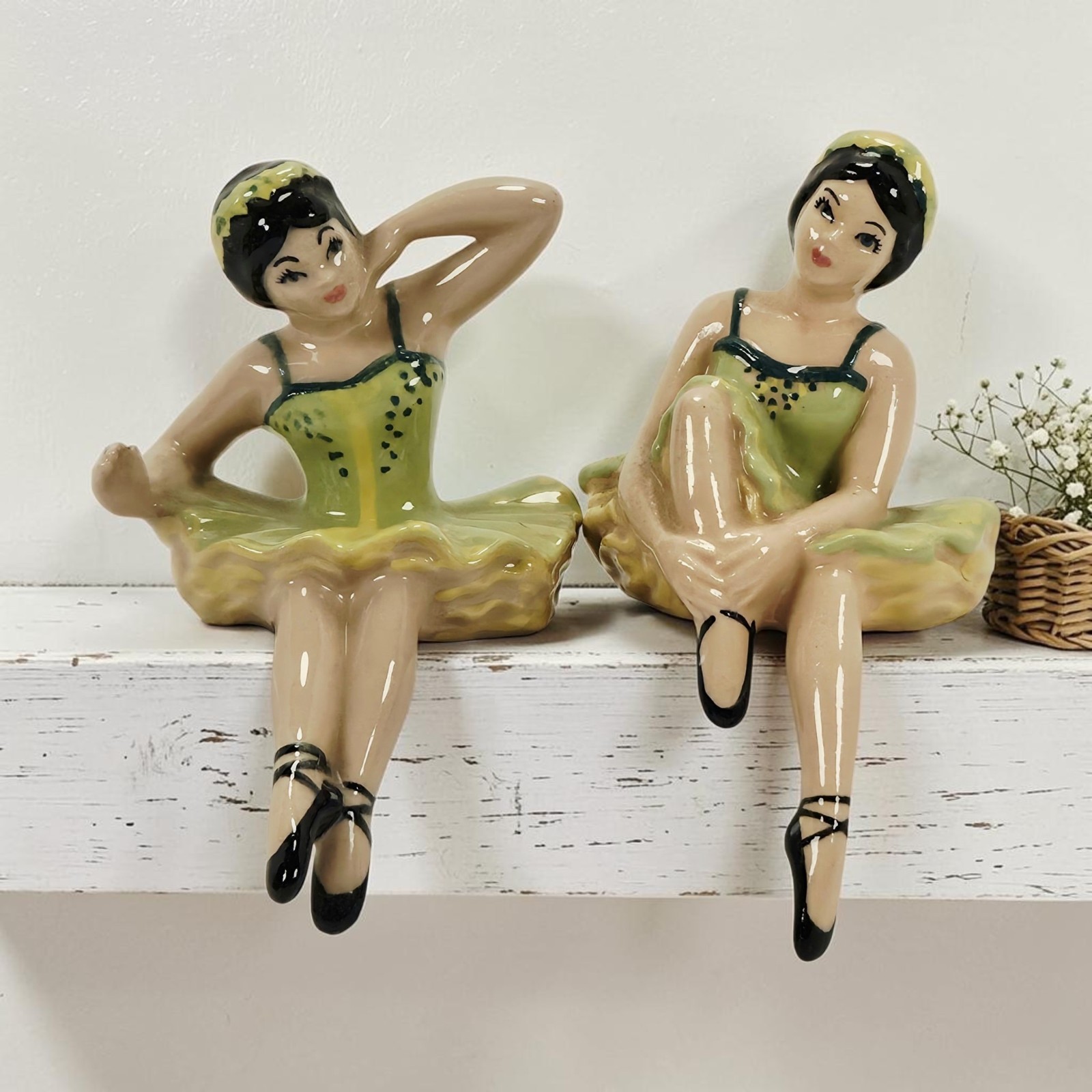 2 VTG Ceramic Arts Studio Ballerina Shelf Sitters En Pose & En Repose Green 4\ 2 VTG Ceramic Arts Studio Ballerina Shelf Sitters En Pose & En Repose Green 4\