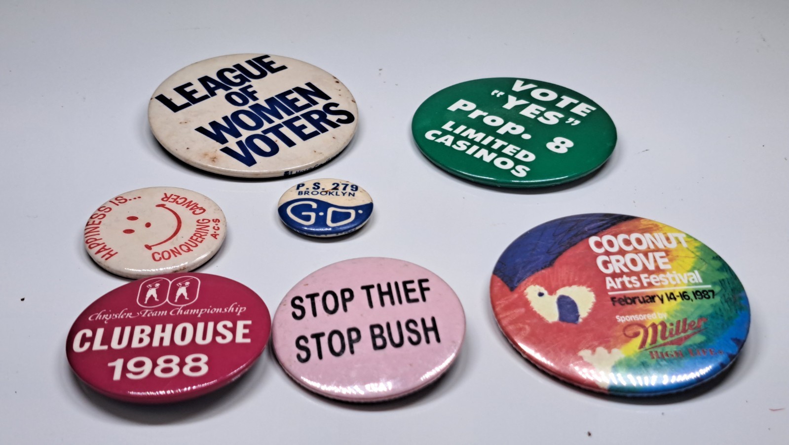 VINTAGE BUTTON PIN LOT Political Events Novelty League of Women Voters Coconut