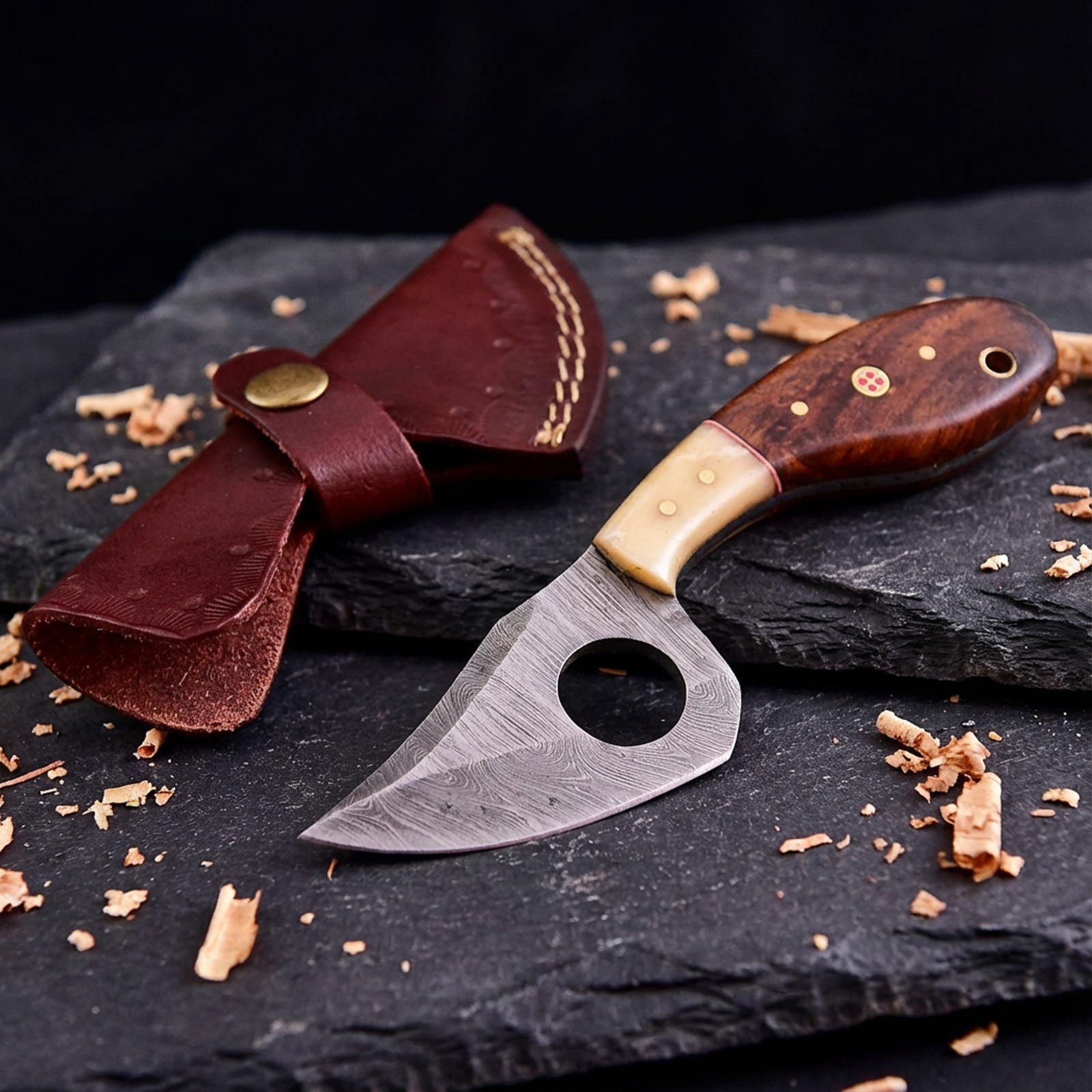 Shard Collectible Damascus Skinner Fixed Blade EDC Tool Finger Hole Scout Carry