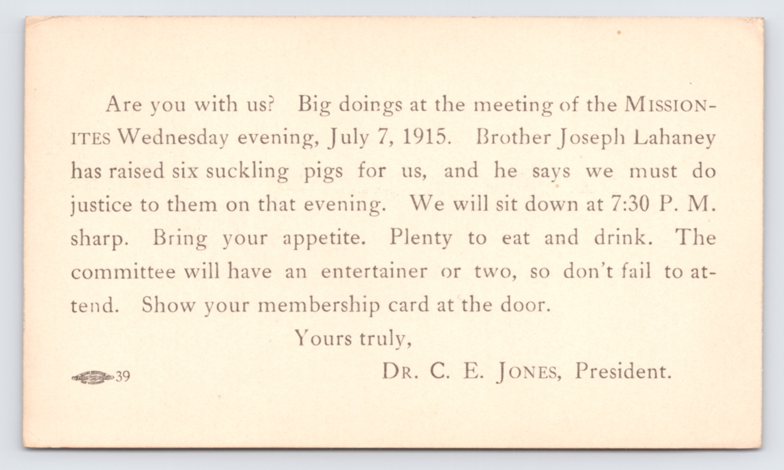 1915 Missionites Club Postal Card San Francisco CA Panama Pacific Expo Slogan