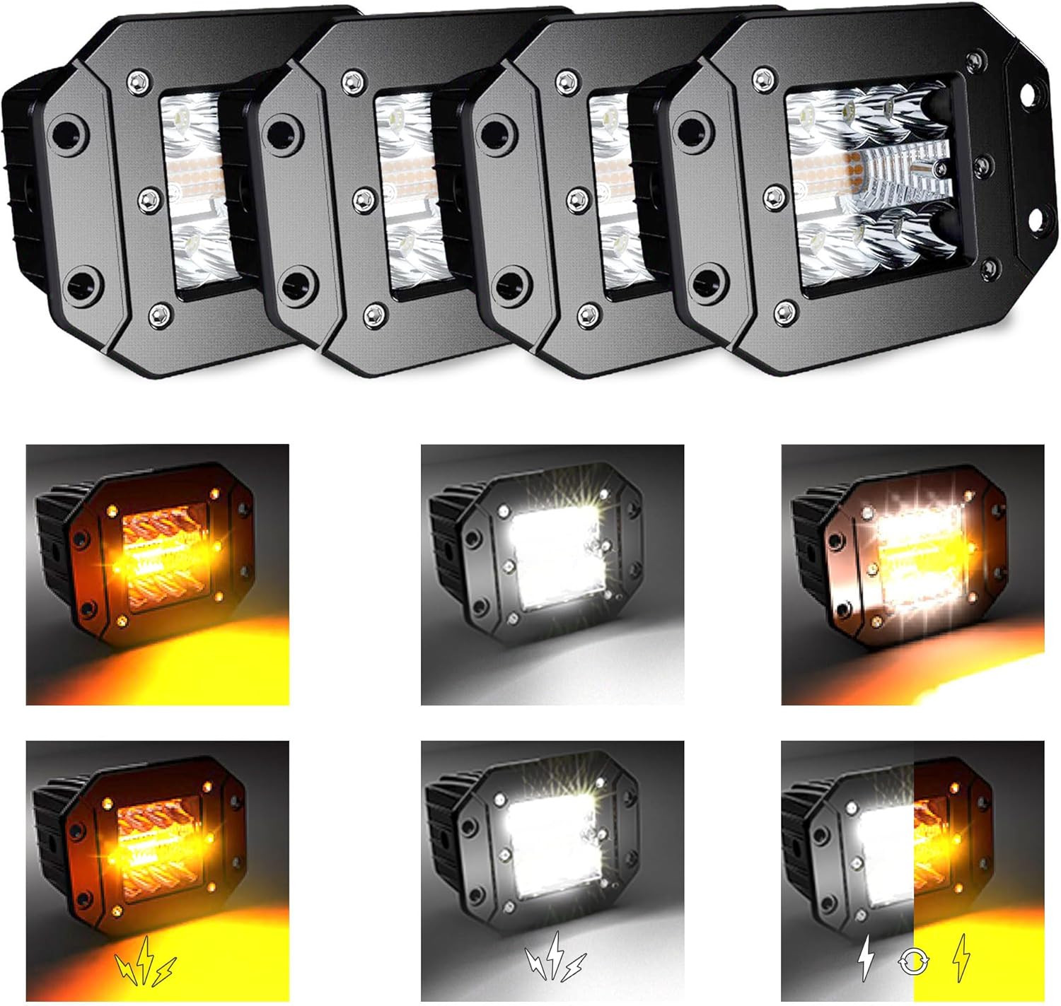 4PCS 5Inch LED Flush Mount 6 Modes Amber/White Flashing Strobe Pods Fog Lights O