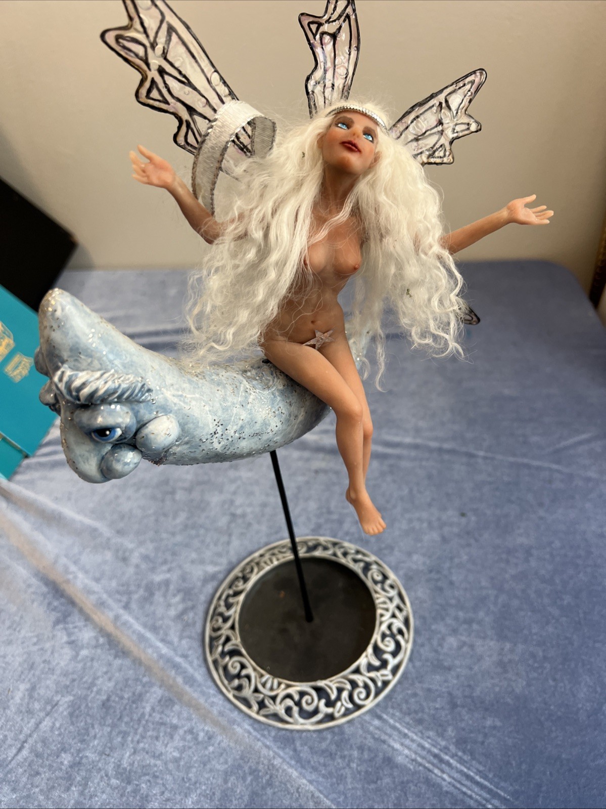Signed OOAK Fairy Riding Moon Art Doll Sculpture Handmade Fantasy w/ Stand 