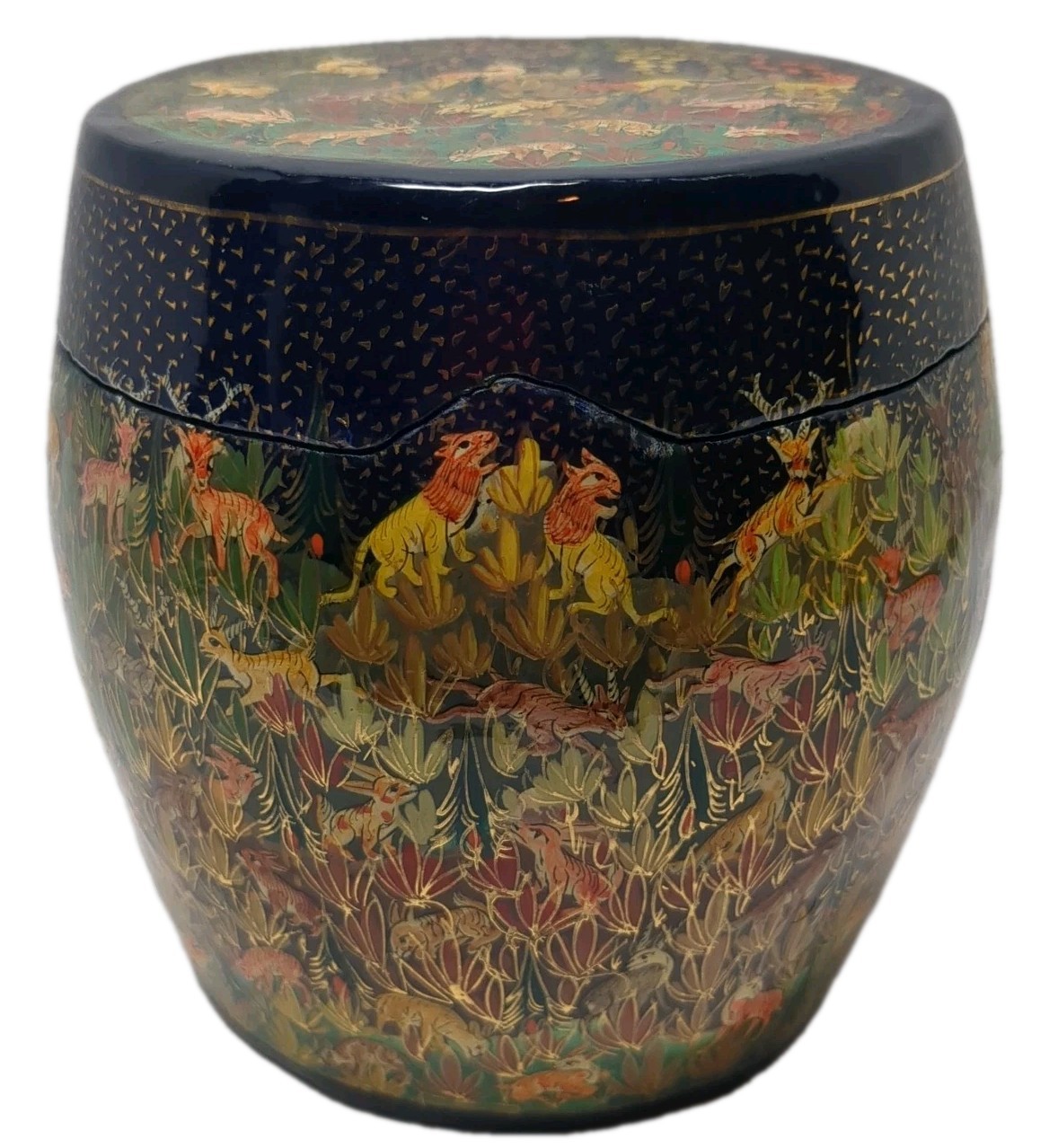 VTG Round Kashmir Papier Mache Tea Jar Canister Box VTG Round Kashmir Papier Mache Tea Jar Canister Box