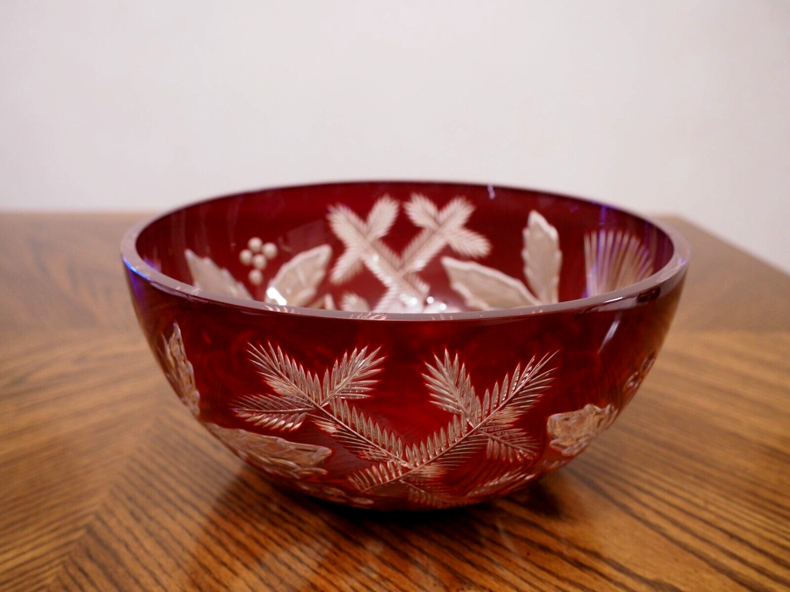 Vintage AJKA Crystal Design Guild Ruby Red Holly & Pine Bowl 9\