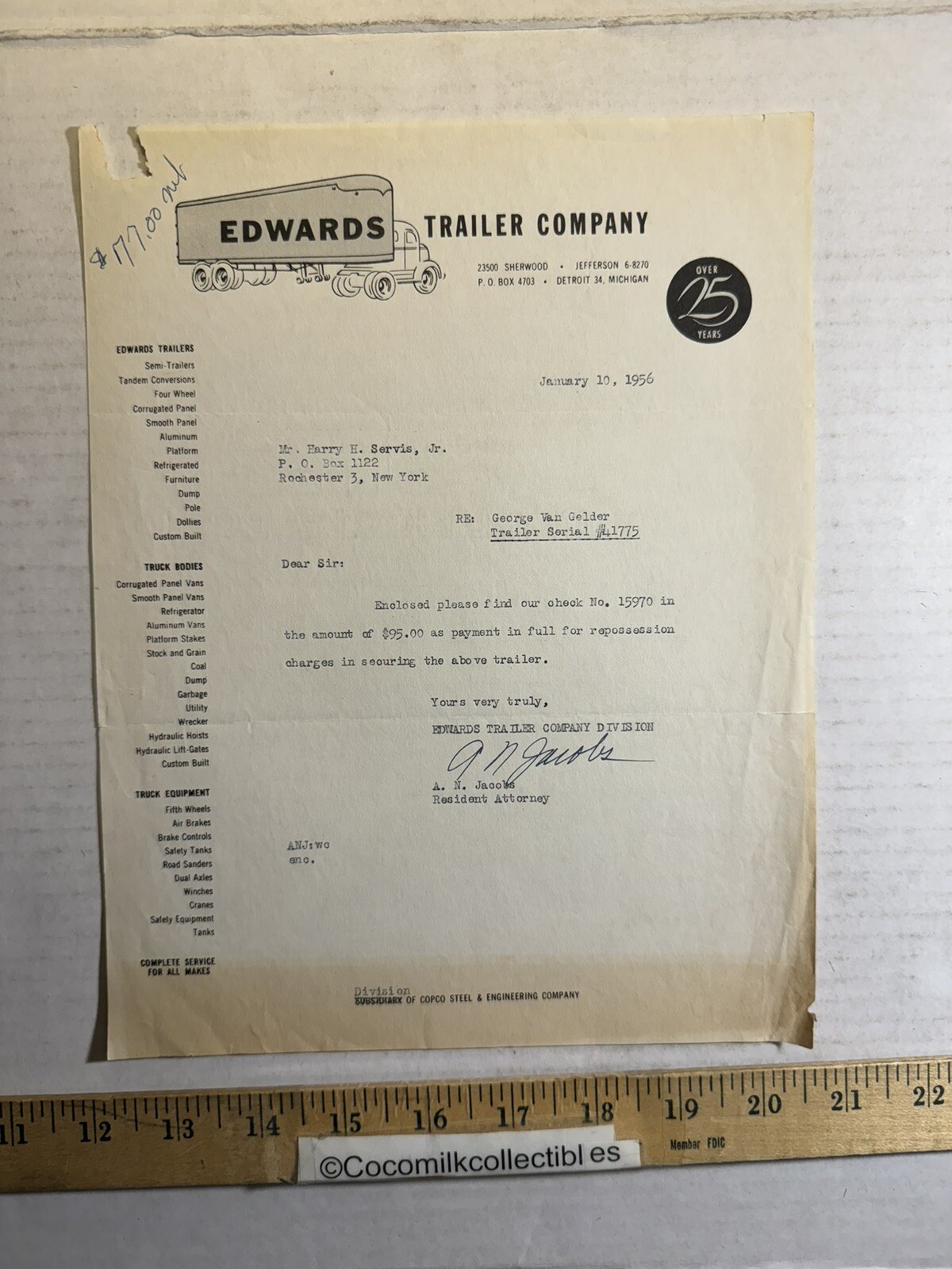 Vintage January 1956 Edwards Trailer Company Detroit Michigan Letter