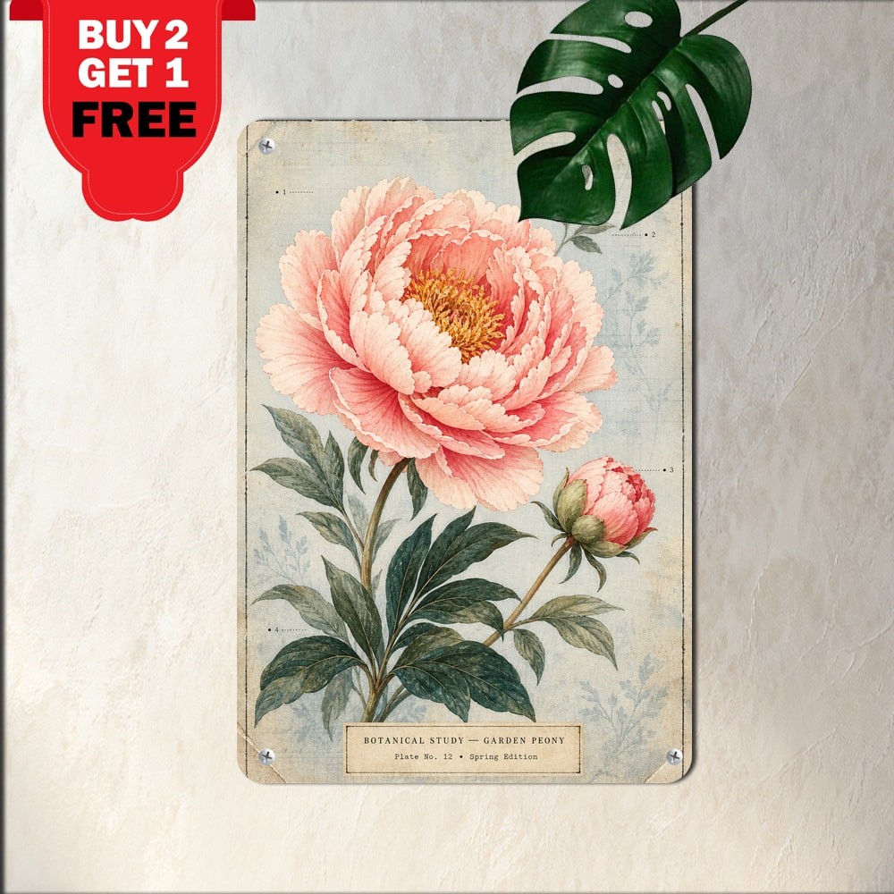 Large Soft Pink Bloom Botanical Flower Tin Sign Vintage Blossom Metal Plaque