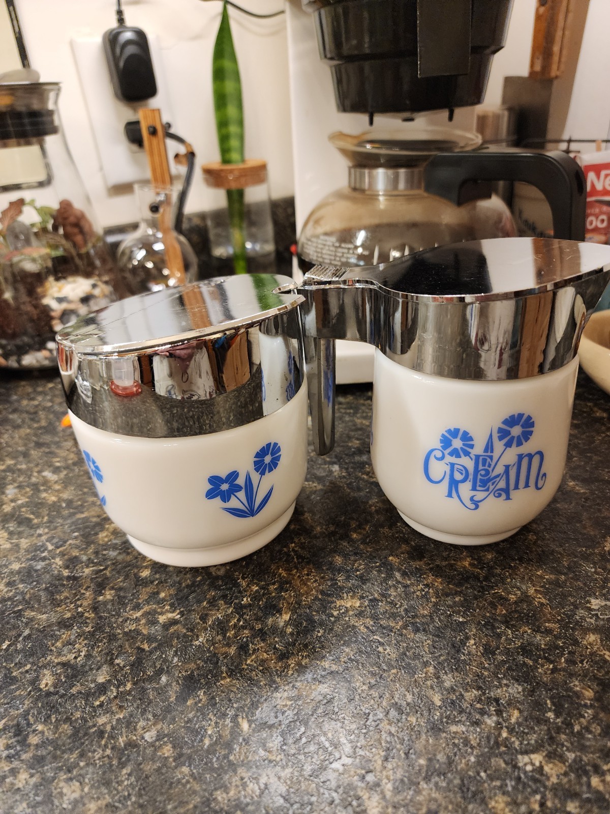 Vintage Gemco Milk Glass Blue Flowers sugar and creamer set
