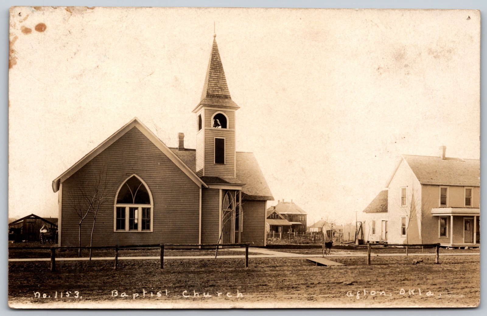 1910 Baptist Church AFTON Oklahoma Victorian Homes ANTIQUE Postcard 10345