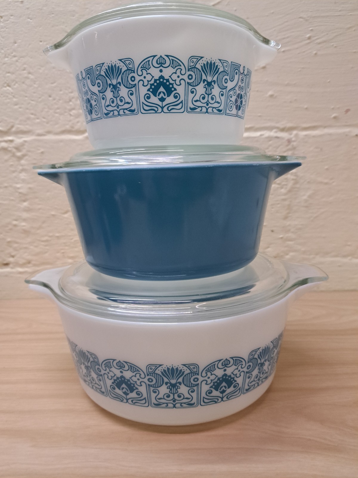 Pyrex HORIZON BLUE Casserole Dish Set w/ Lids 473,474,475 EUC