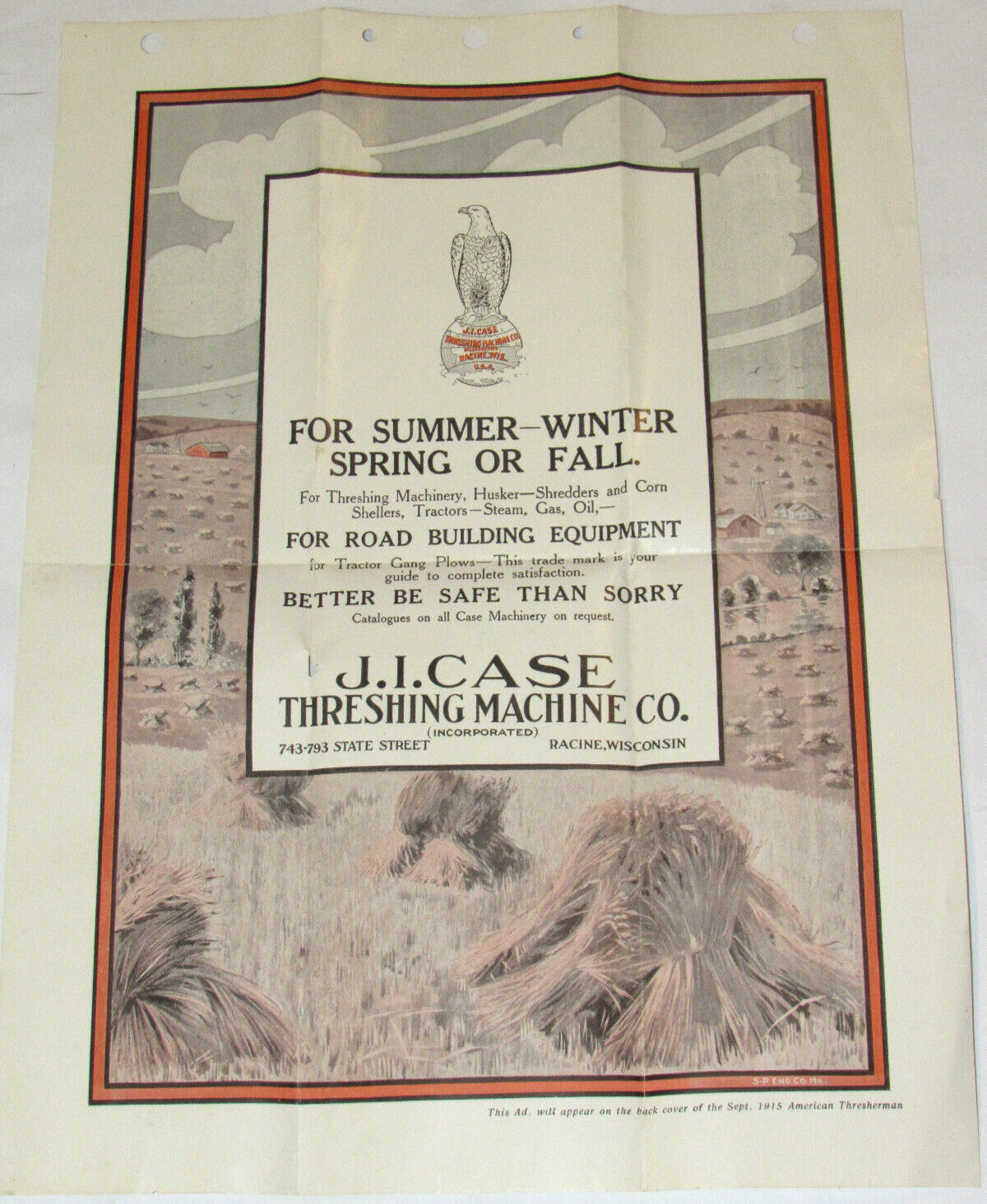 1915 J I CASE THRESHING MACHINE CO POSTER/SIGN 11x15