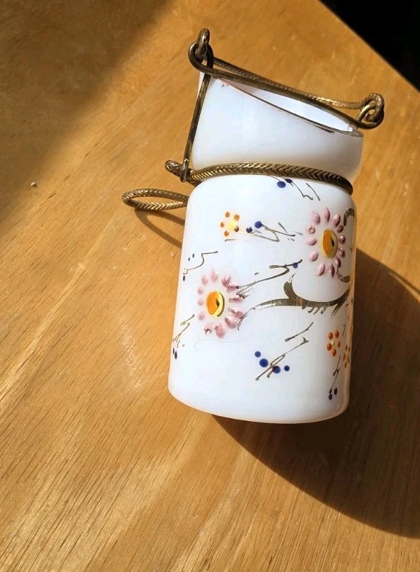 Antique French White Opaline Glass Hand Painted Floral Ormolu Brass Wire Basket
