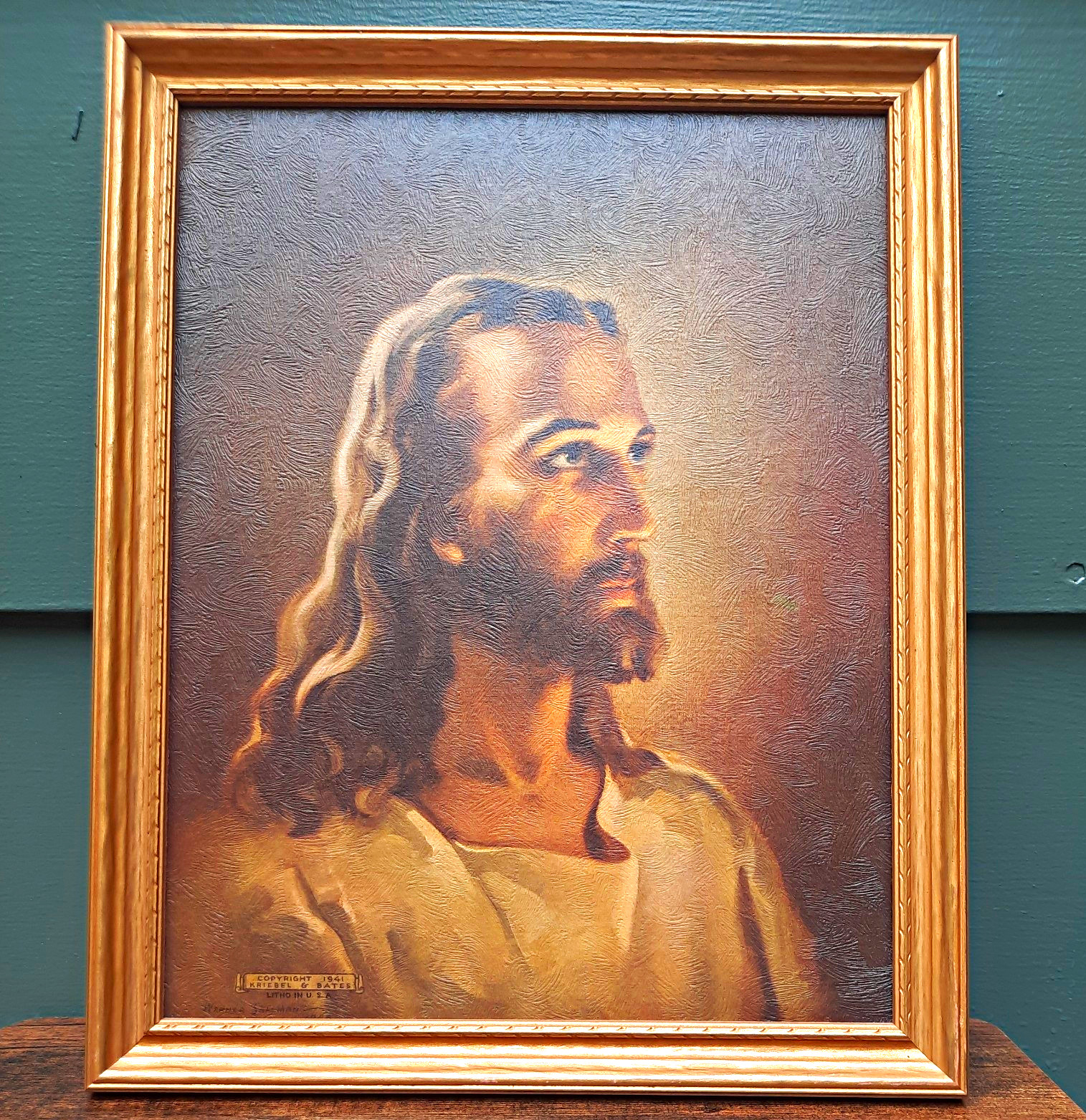 Vintage 1940s Warner Sallman Head Of Christ Framed Litho Print 11\