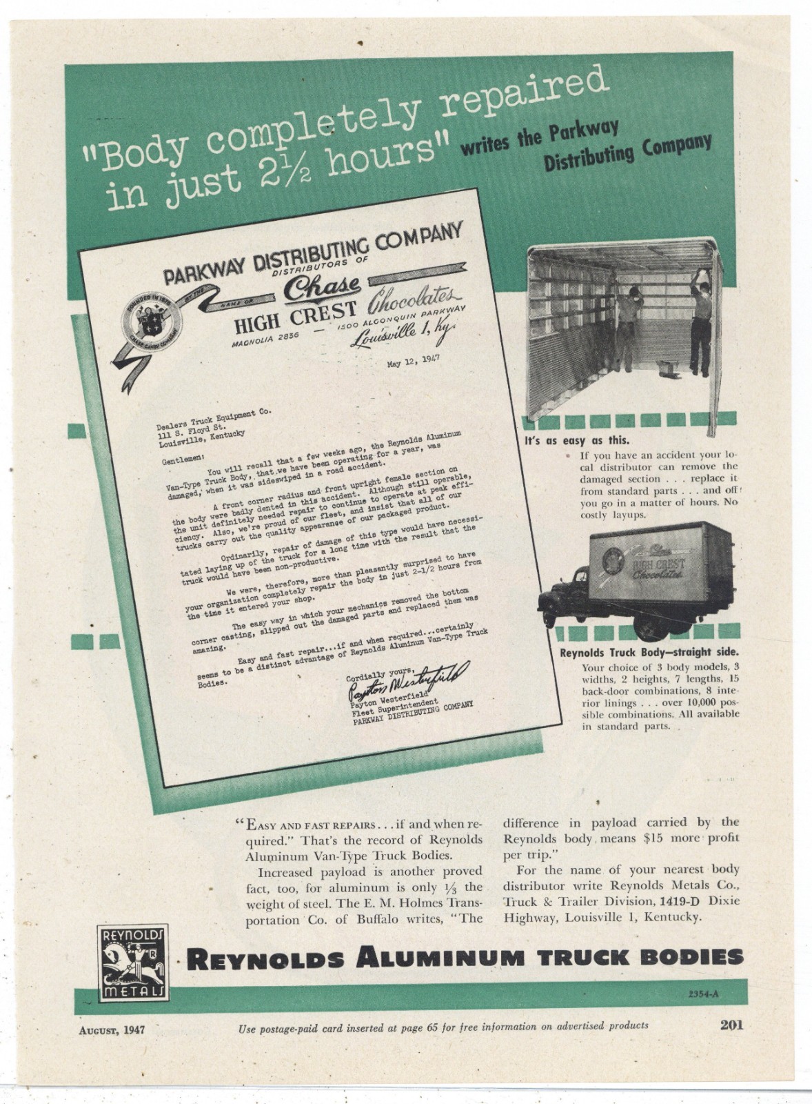 1947 Reynolds Truck Body Ad: Chase High Crest Chocolate Louisville, Kentucky