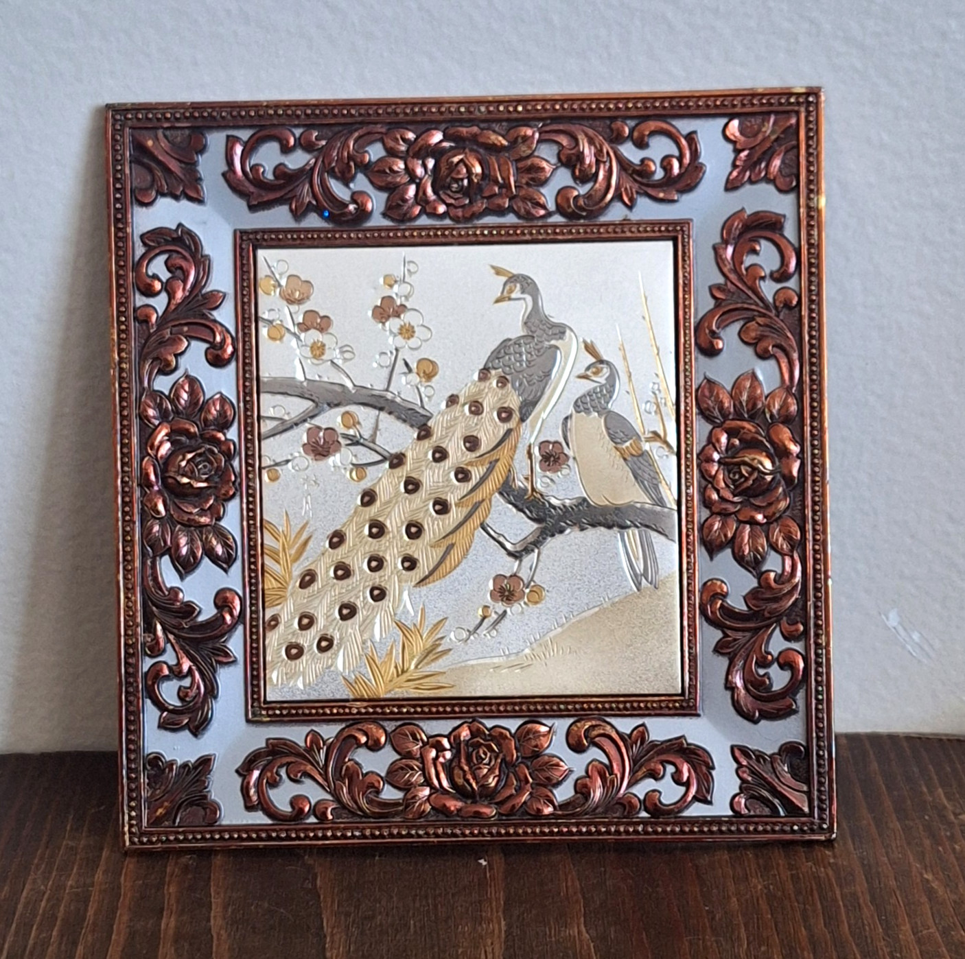 Sankyo Music Frame Silver/Gold Etched Peacock Chokin Art Japan VTG Plays Memory
