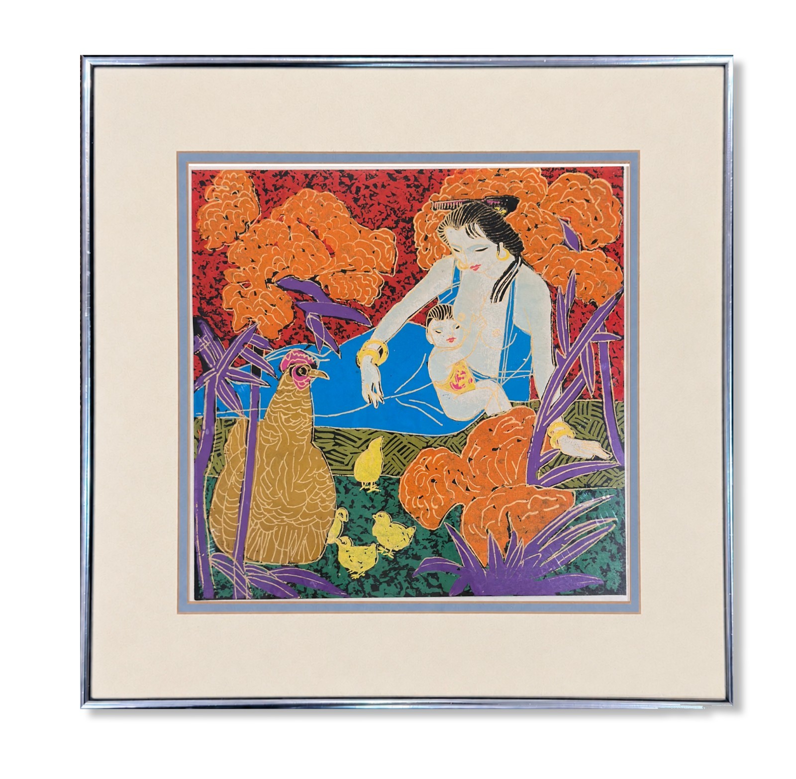 Original Chinese Yunnan School Gouache Painting Mother Child Framed 17x17