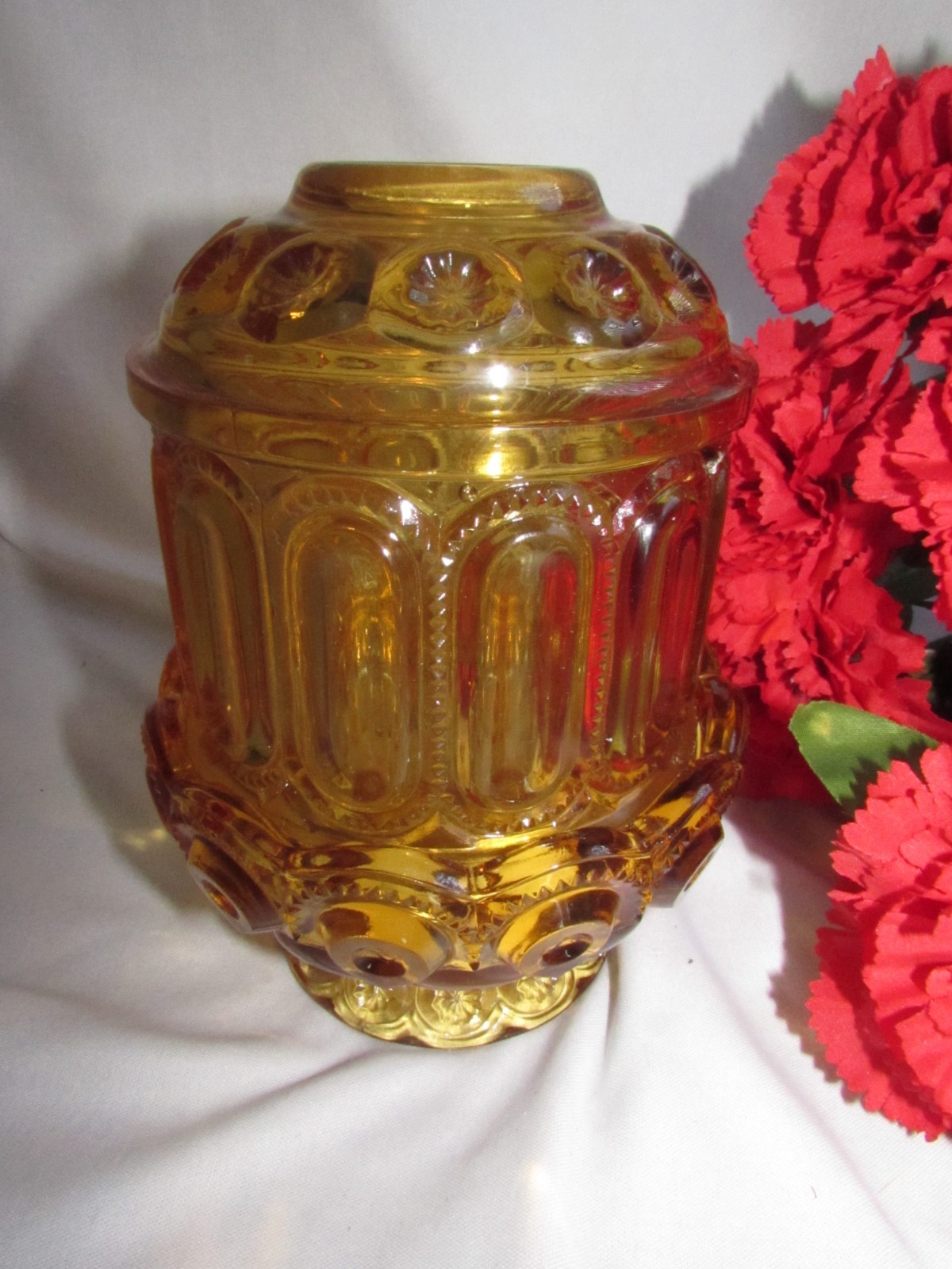 VINTAGE L.E. SMITH AMBER GLASS MOON & STARS FAIRY LAMP 6 1/4