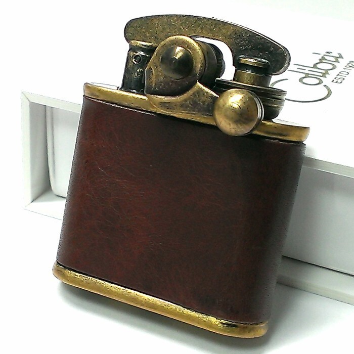 Colibri oil lighter antique Brass barrel / Brown leather leather wrapped engine 