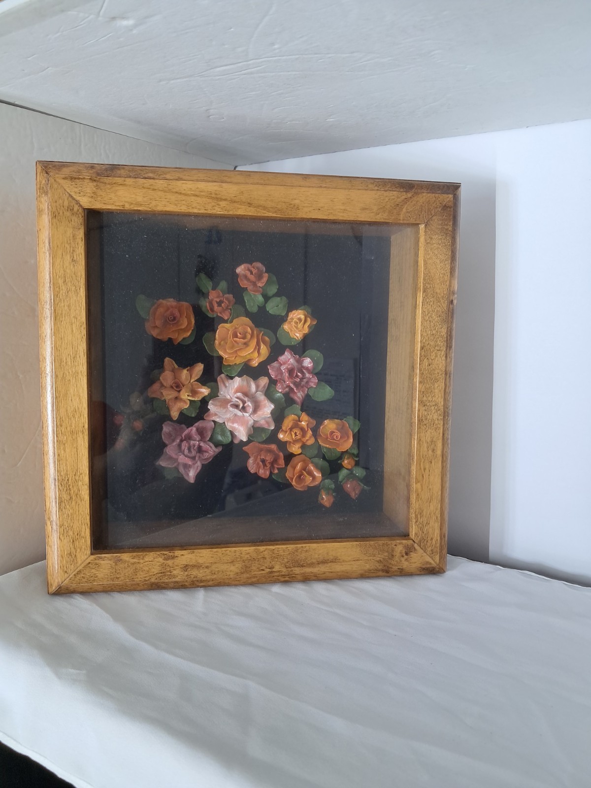 Vintage 1970s Bread Dough Flower Rose Shadow Box Art Framed 11.5x11.5 Kitsch