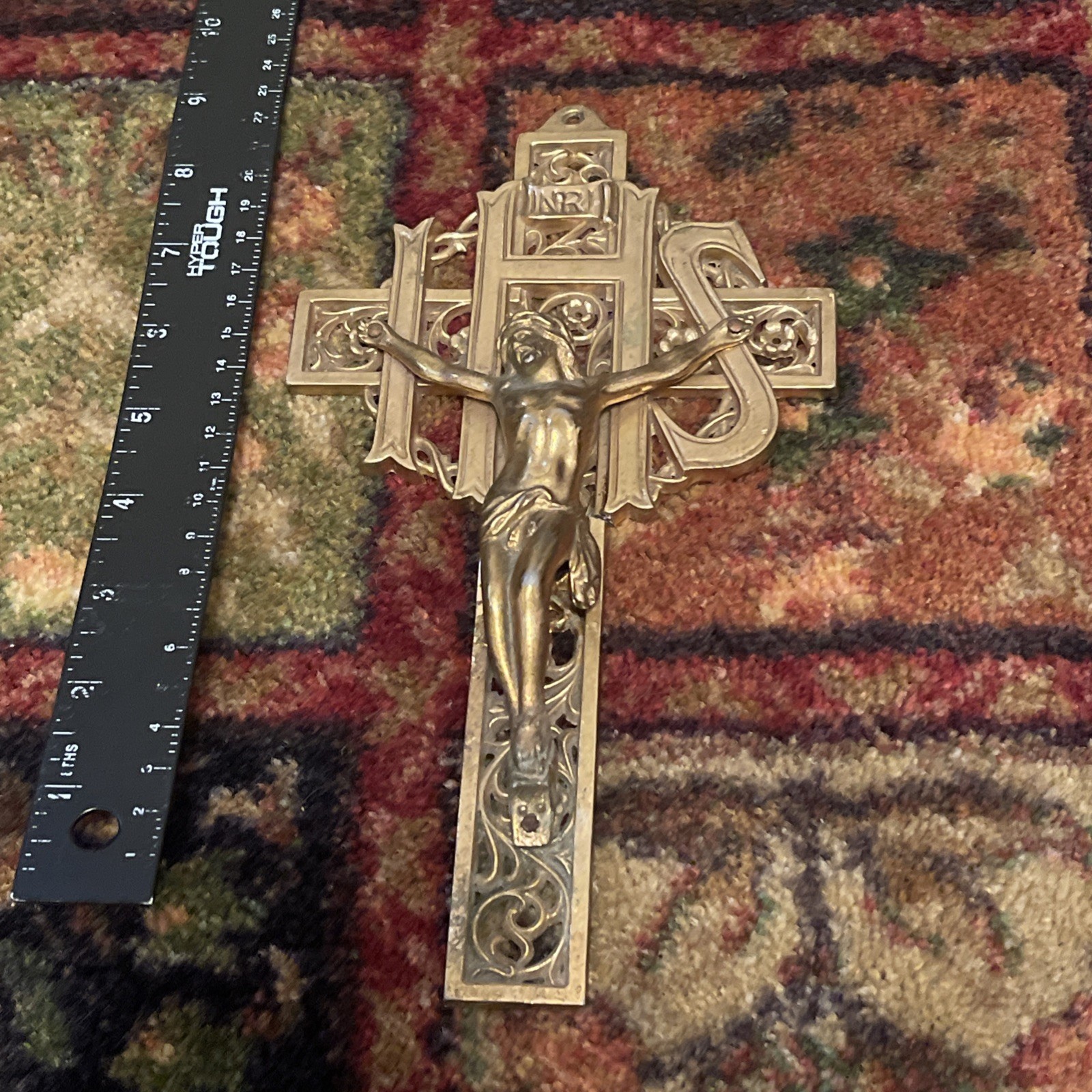 Metal Filigree IHS Cross Crucifix with Antique Gold Tone Finish 9\