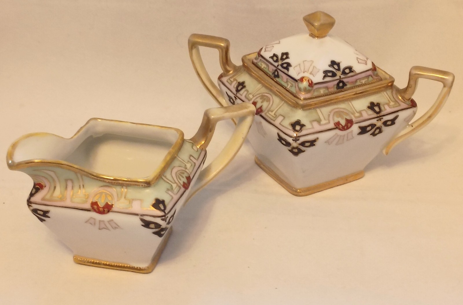 Antique NIPPON Hand Painted Art Deco Style Gilded Sugar Bowl with Lid Creamer