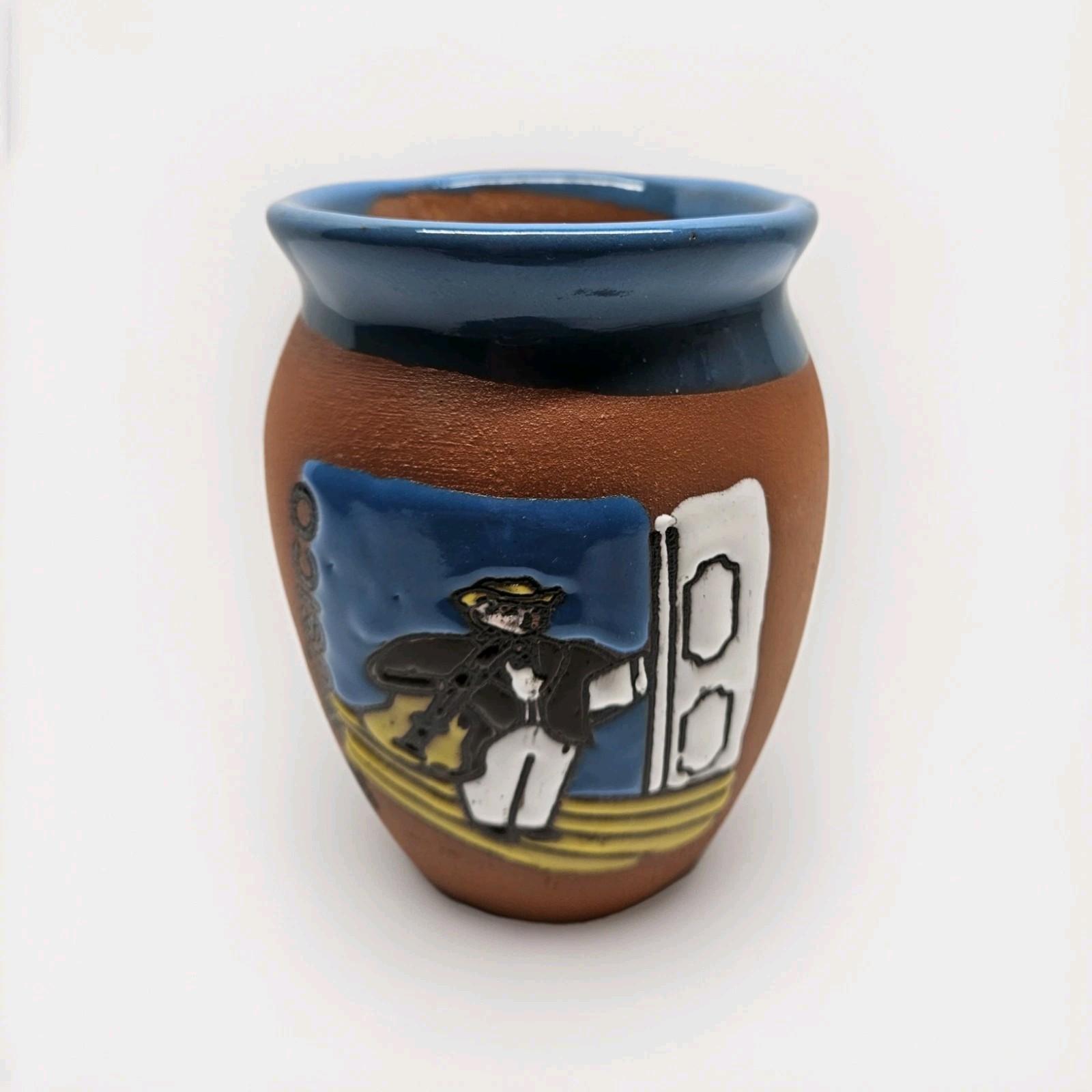 Handcrafted Mexican Cantarito Clay Cup Loteria Game Design El MUSICO 17 Oz