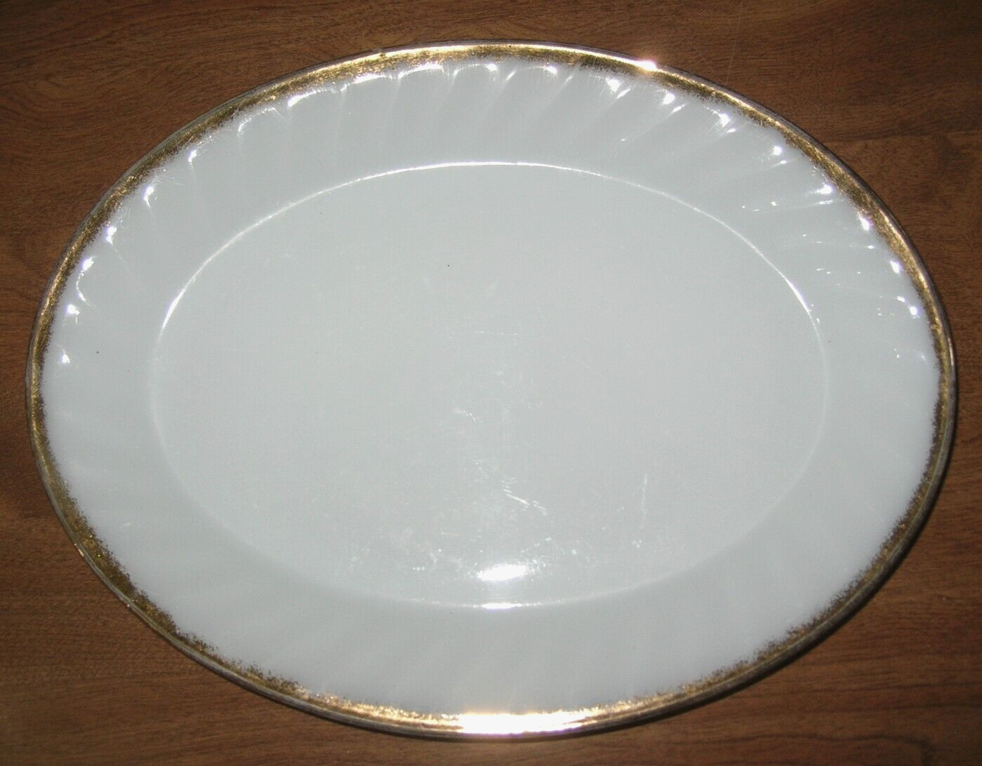 Vintage Anchor Hocking Fire King White Milk Glass Swirl Gold Trim Platter 12\