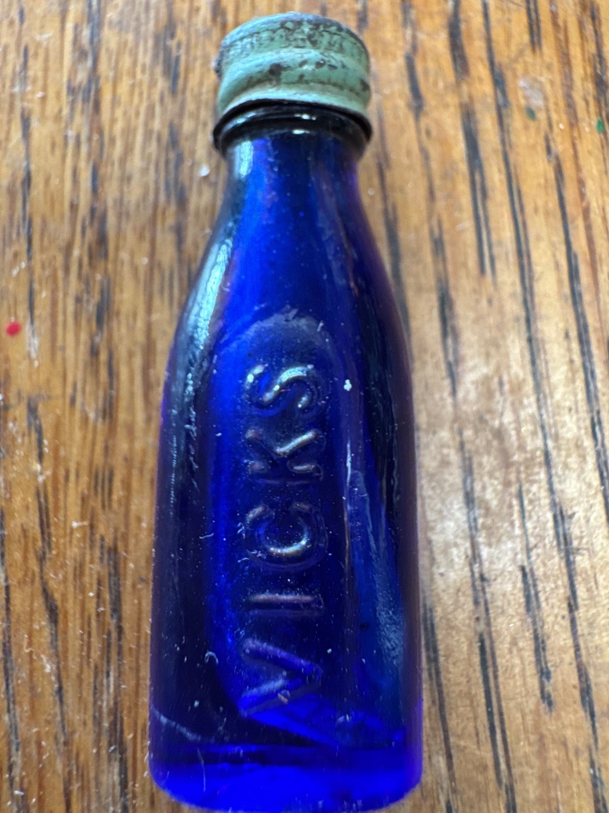 Antique Vintage 1920s Cobalt Blue Vicks Drops Sample Miniature Bottle with Cap