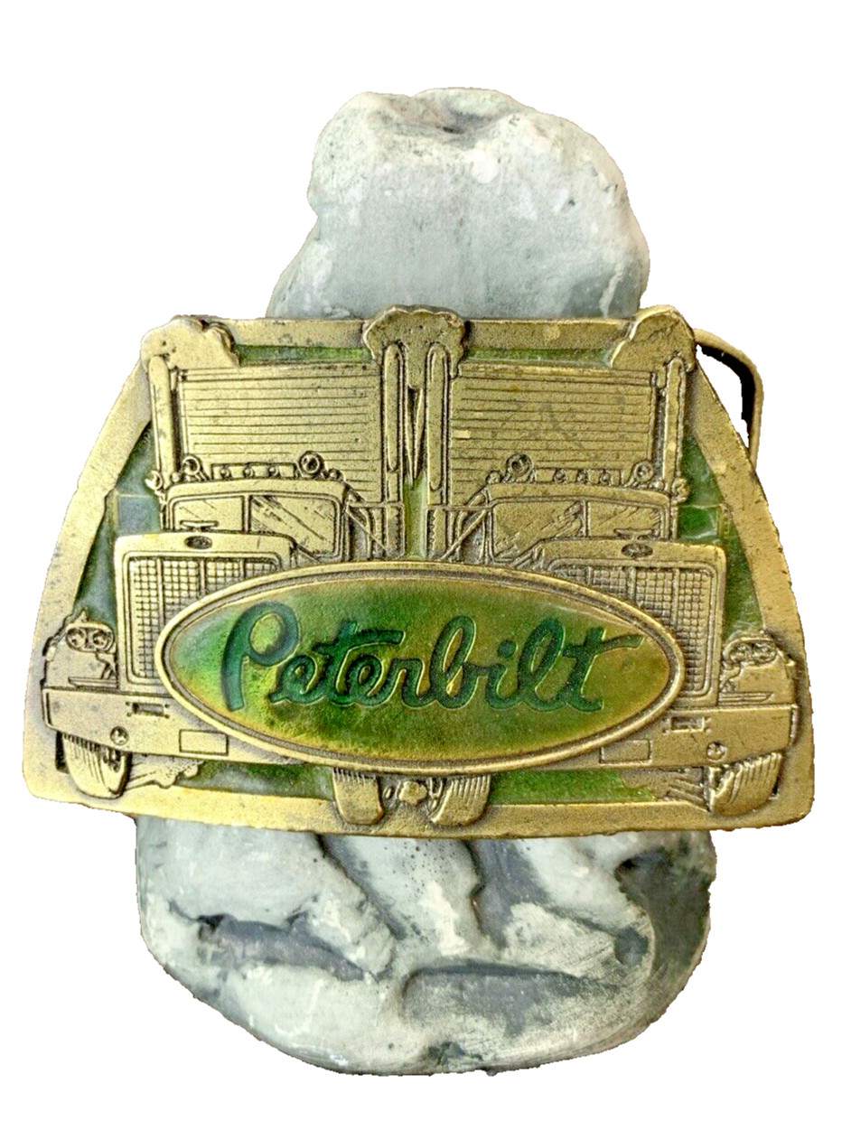 Vintage Peterbilt Belt Buckle Green and brass clor double semi Trucker USA 1981