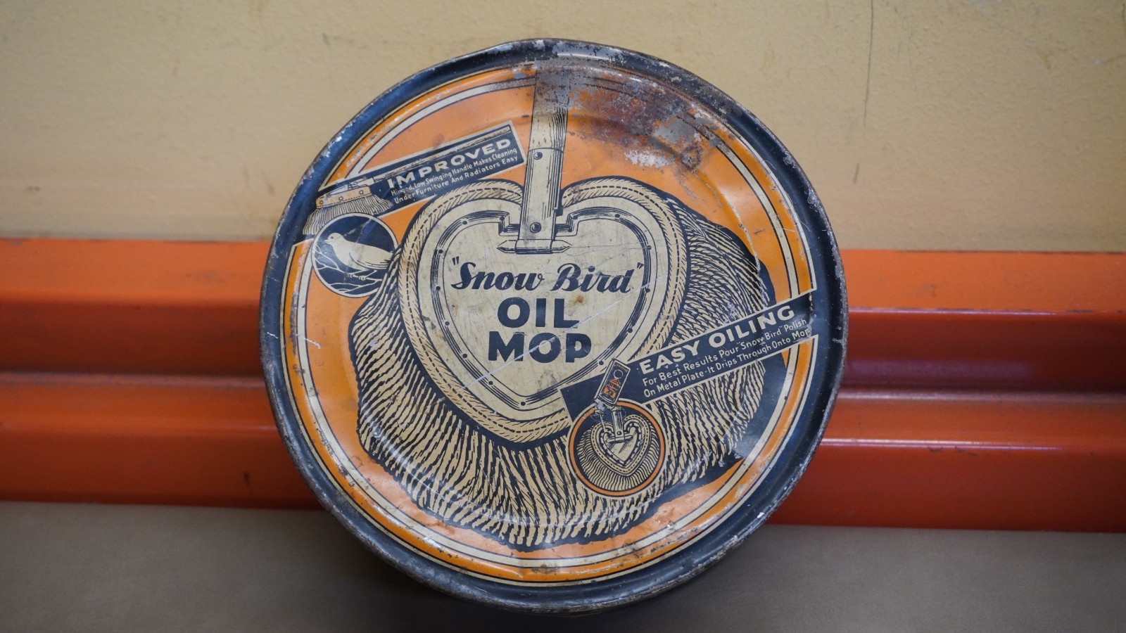 Antique 1930s Advertising Tin Snow Bird oil Mop Made In USA