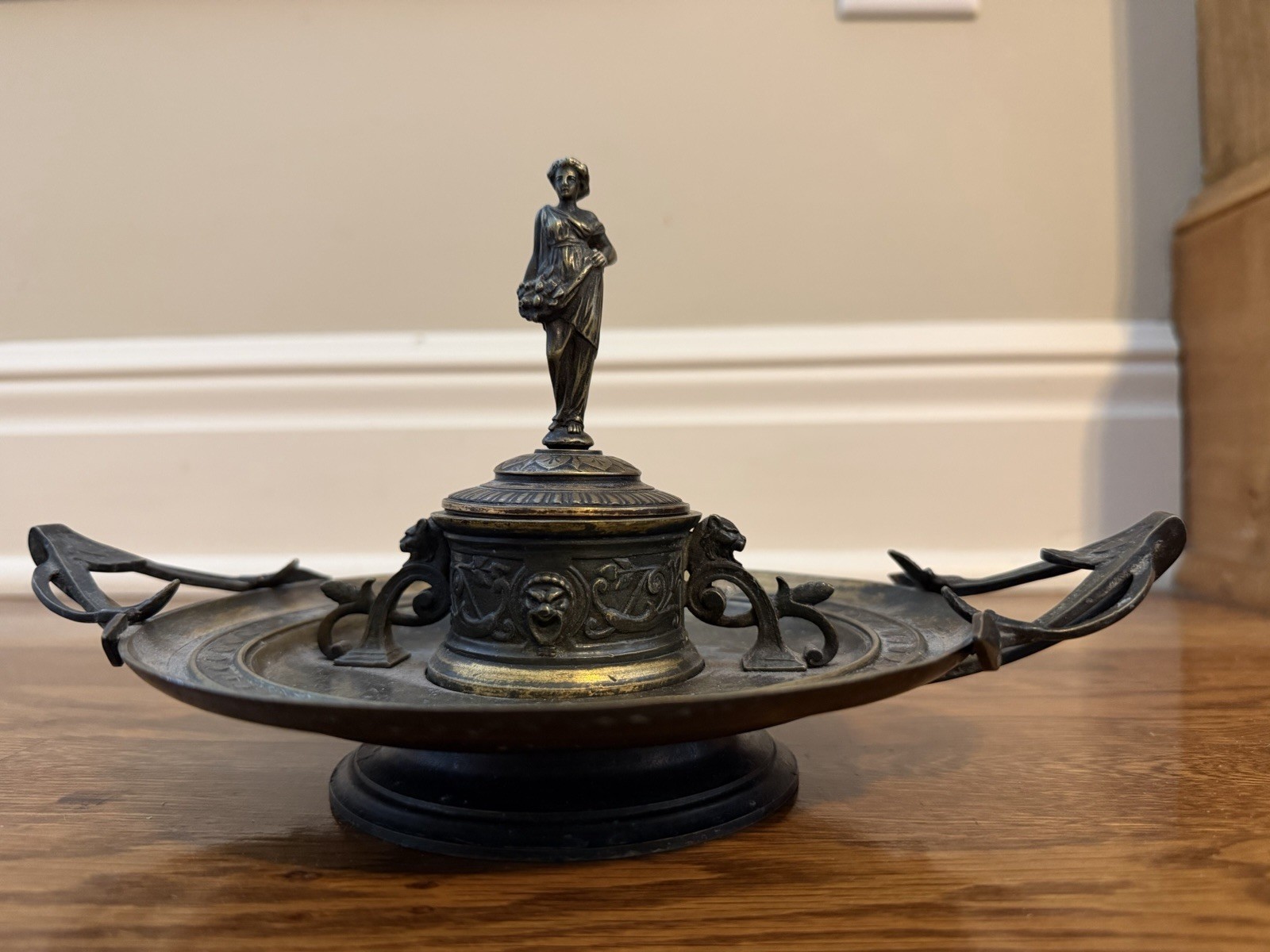 Antique Brass Desk Inkwell w/ Hinged Lid, Lady Figure Finial, Handles & Dip Pen Antique Brass Desk Inkwell w/ Hinged Lid, Lady Figure Finial, Handles & Dip Pen