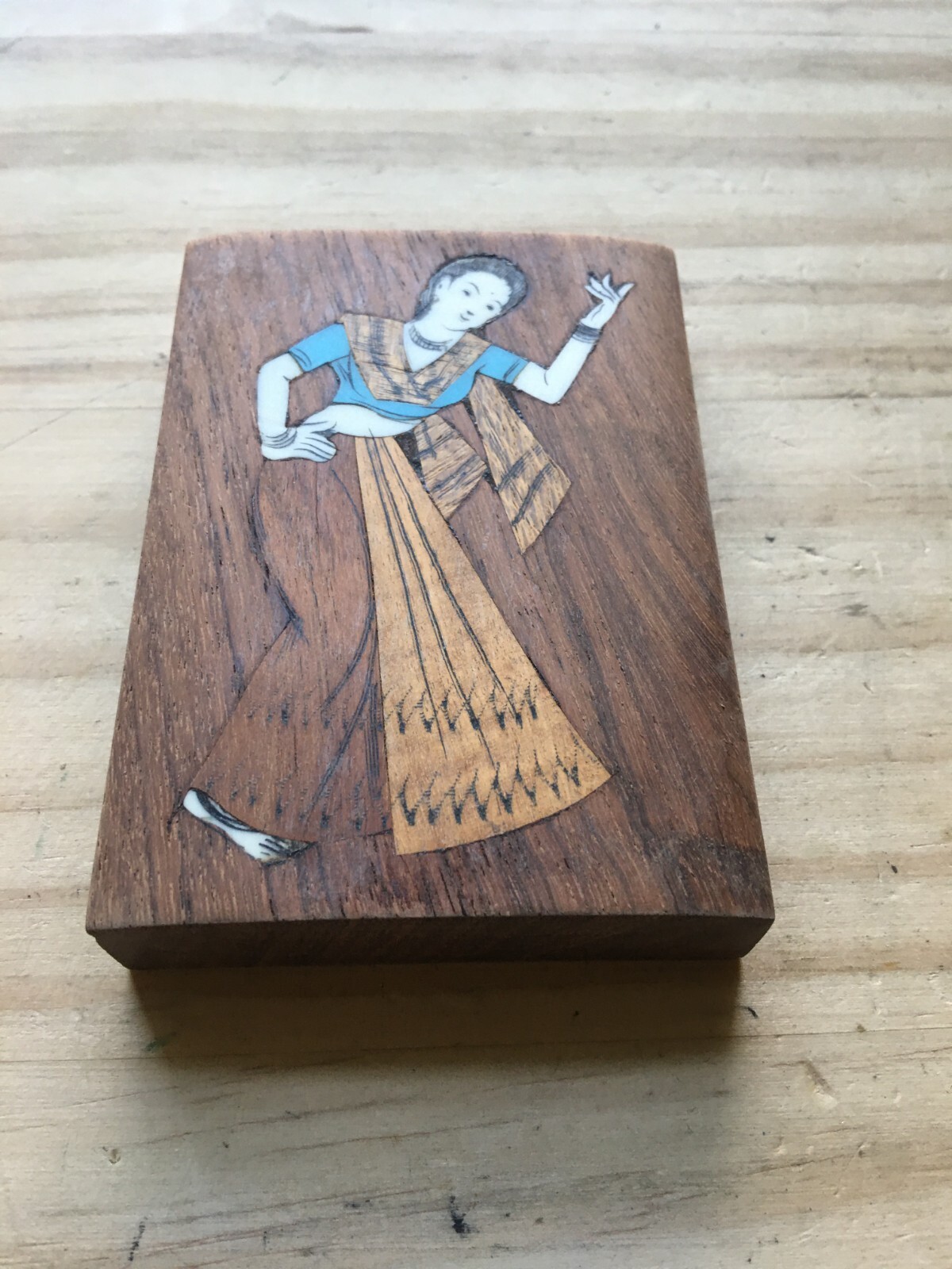 Vintage Handcraft Bone Inlaid Brown Marquetry Women Dancer Wooden Paperweight Vintage Handcraft Bone Inlaid Brown Marquetry Women Dancer Wooden Paperweight