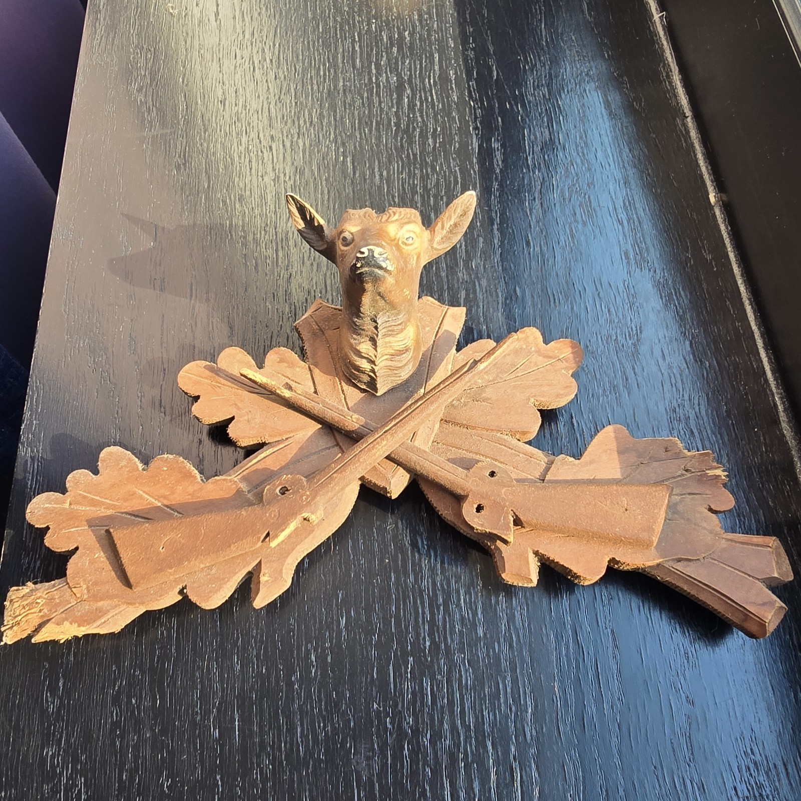 Vintage German Cuckoo Clock Wood Deer Head & Rifles Topper Missing Antlers