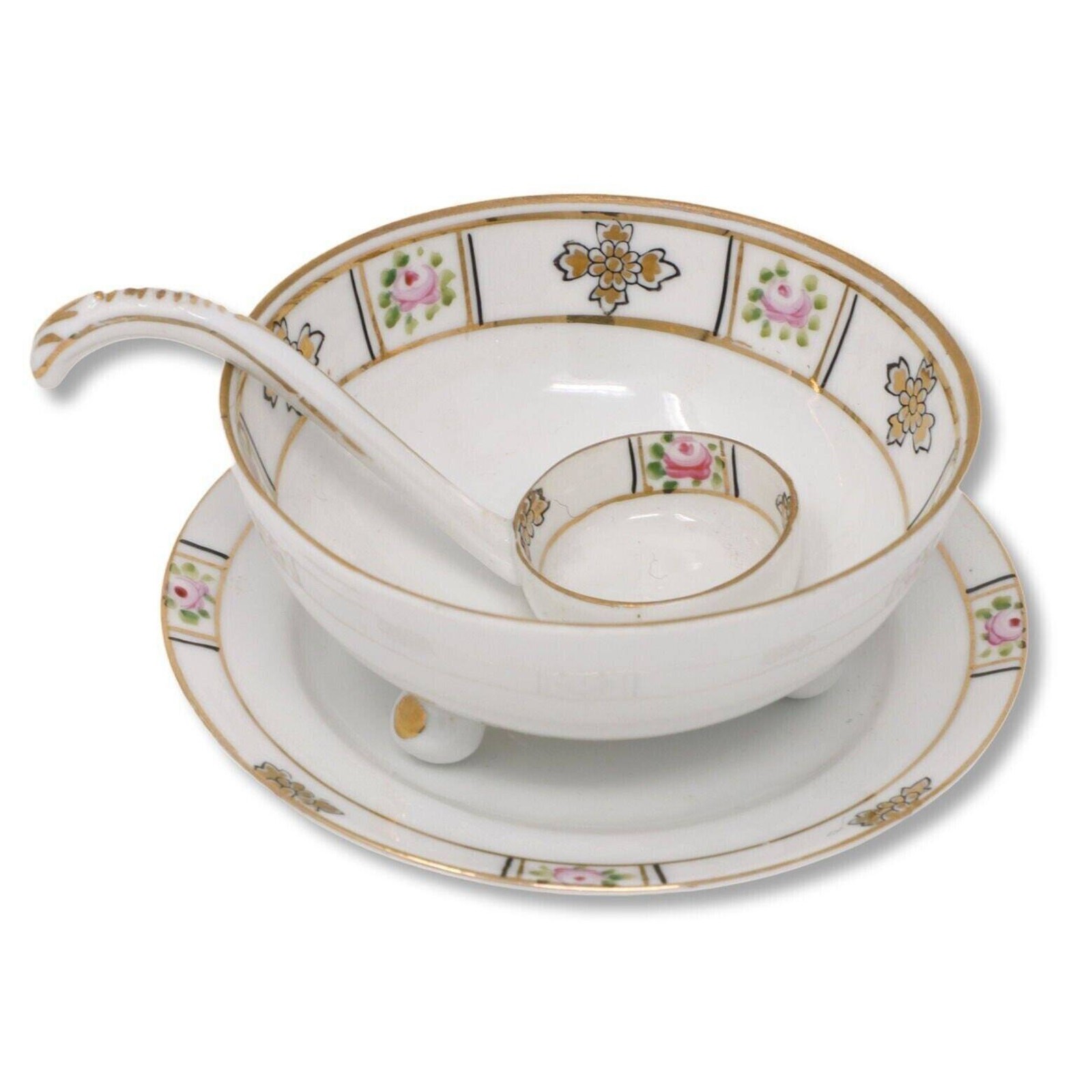 Rising Sun Nippon Soup Bowl Spoon Liner Plate HP Gold Pink Roses Japan 1911-21