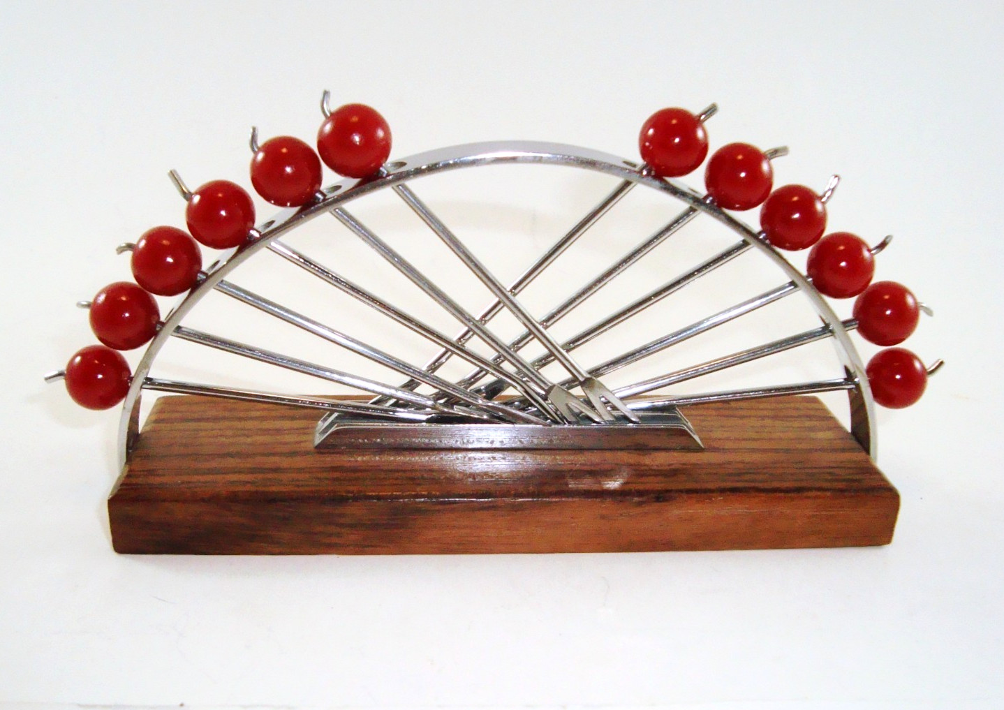 French Art Deco Chrome & Wood 12 Red Cherries Appetizer Cocktail Pick Holder Set